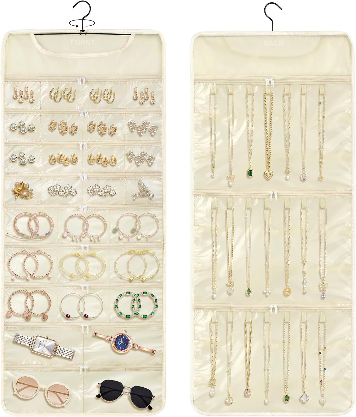 FOREGOER Hanging Jewelry Organizer 32 Zippered Pocket, 2-Sided, Beige