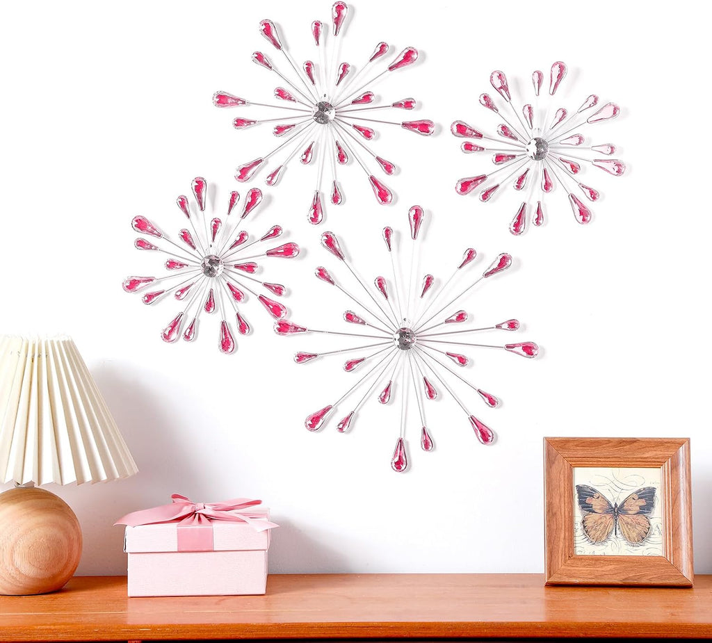 Hicarer 4 Pcs Starburst Wall Decor, Bling Metal Wall Art, Pink