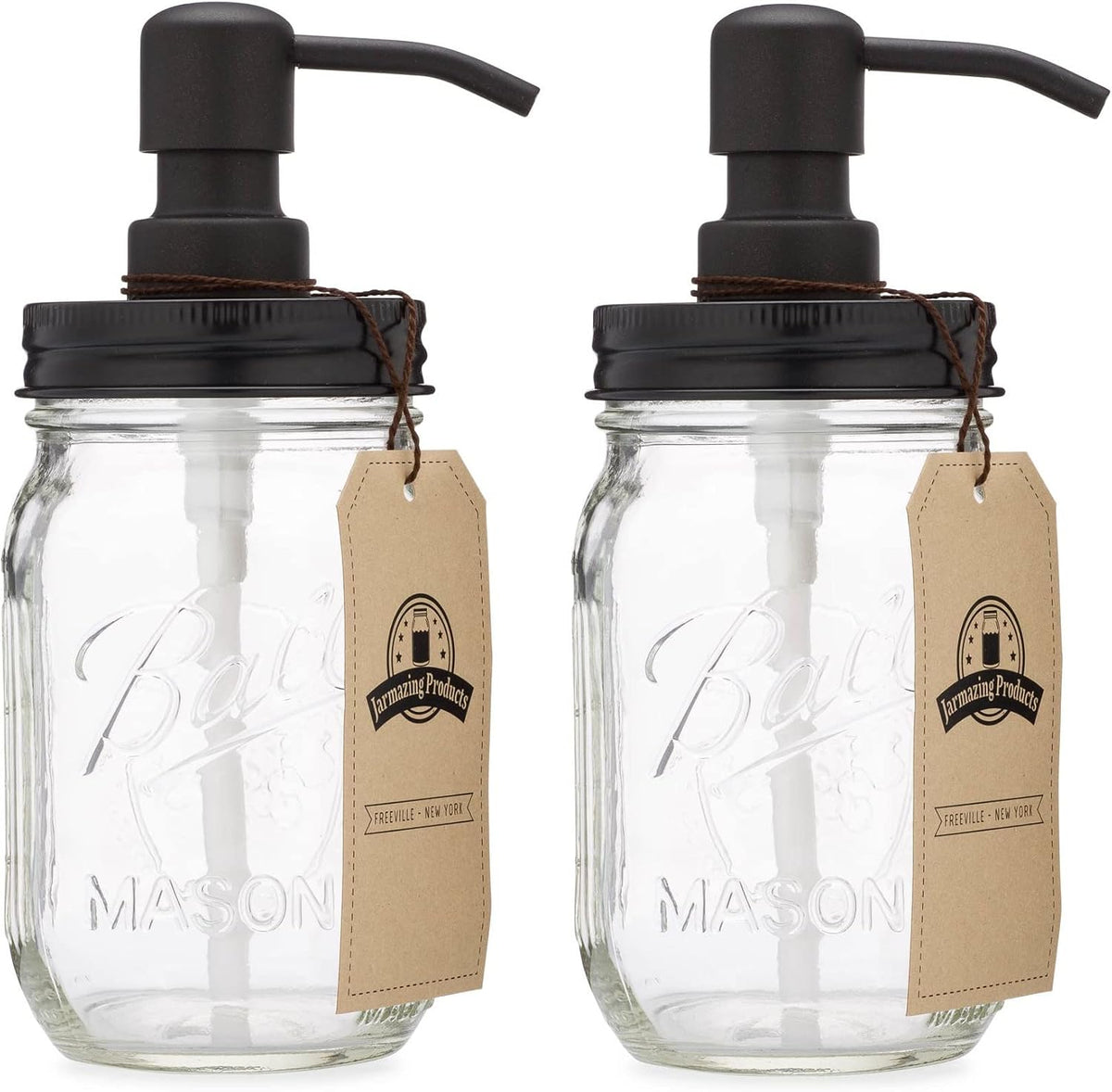 Jarmazing Products Mason Jar Soap Dispenser - Black - with 16 Ounce Ball Mason Jar - Made from Rust Proof Stainless Steel - Two Pack