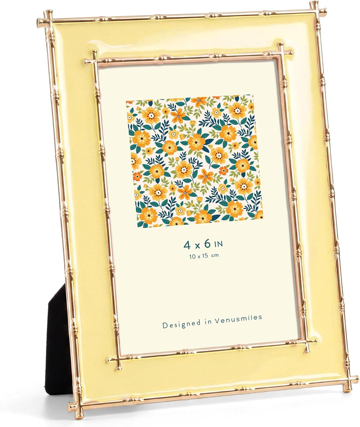 4x6 Picture Frame Yellow Enamel, Gold Bamboo Design Edge, Tabletop, 1pc