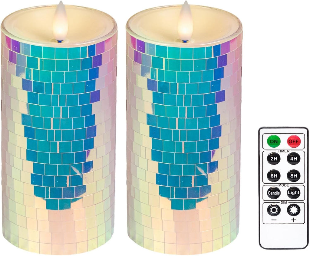 Glass Flameless Pillar Candles Flickering with Remote Timer, Battery Operated LED 3D Moving Flame Real Wax Candles,Remote Included (Rainbow Laser Mosaic)