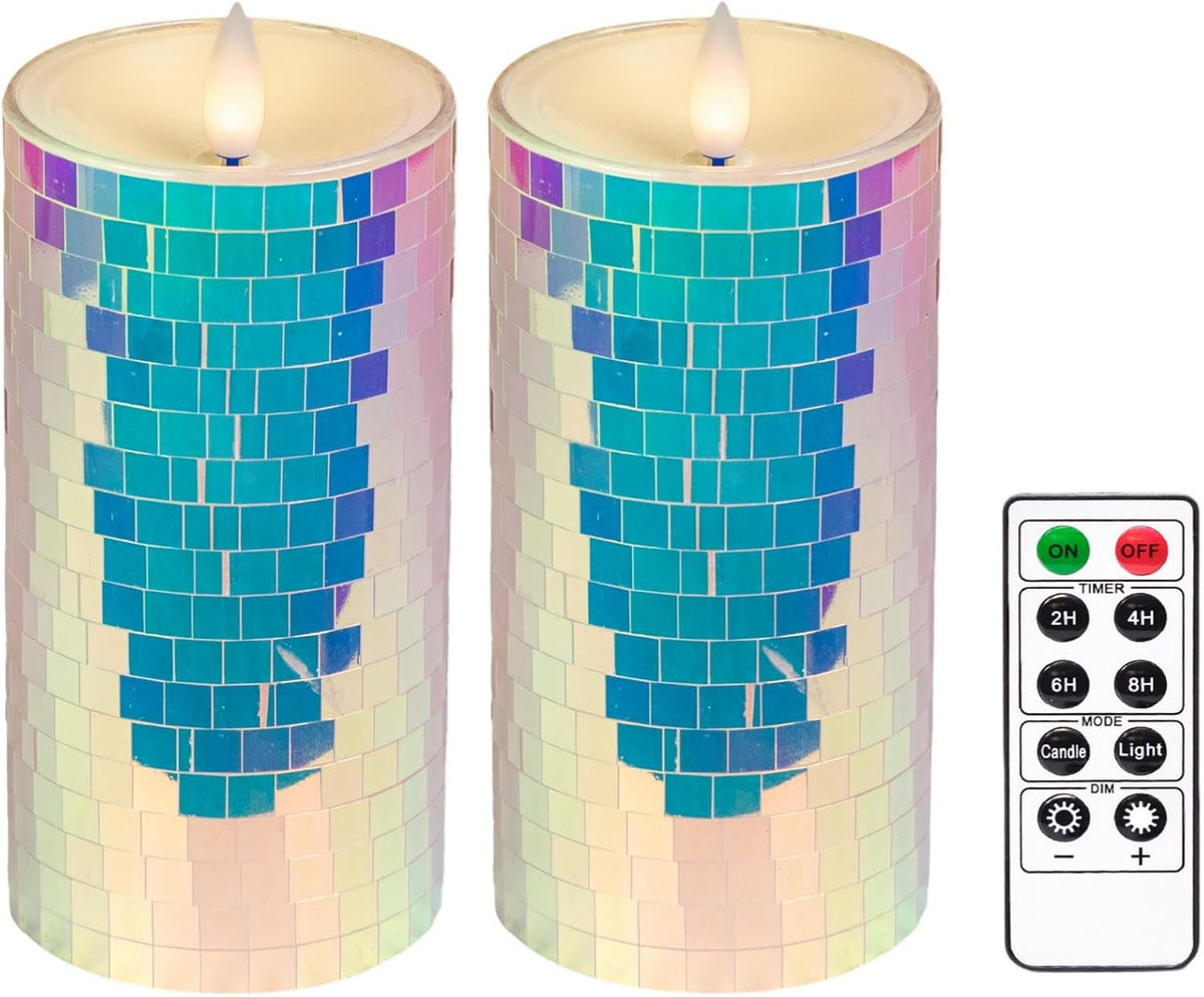 Glass Flameless Pillar Candles Flickering with Remote Timer, Battery Operated LED 3D Moving Flame Real Wax Candles,Remote Included (Rainbow Laser Mosaic)