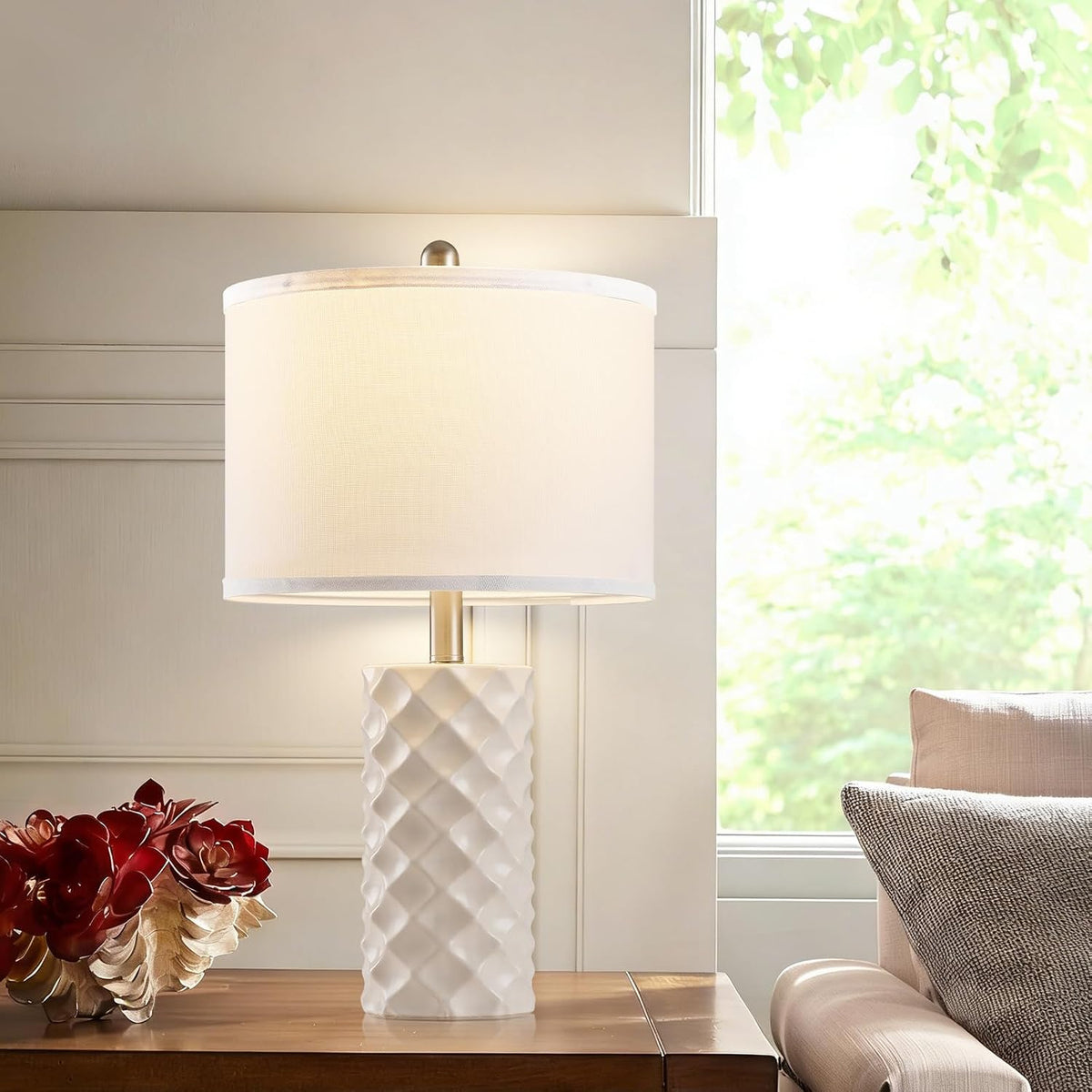 Star Diamond Ceramic Table Lamps Set of 2 - Beige Nightstand Lamps 23"