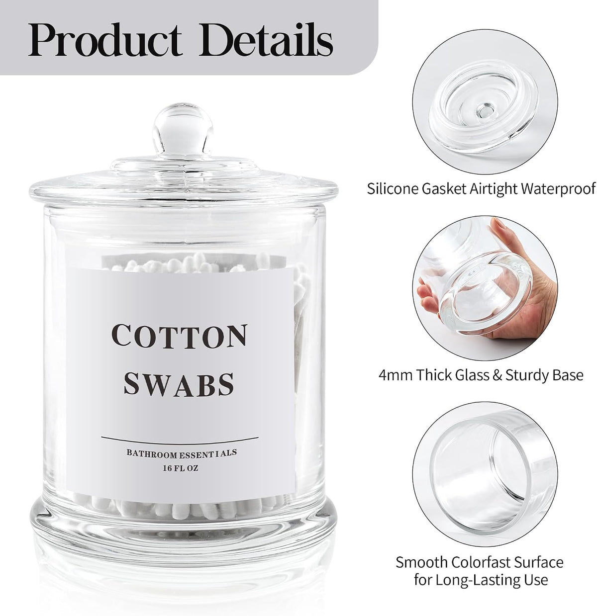 LEORAY 4 Pack Glass Qtip Holder Dispenser with Lids, Airtight Waterproof Apothecary Jars, 16 Oz Vanity Organizer Bathroom Canisters for Cotton Swabs, Balls, Pads, Floss Picks, Transparent
