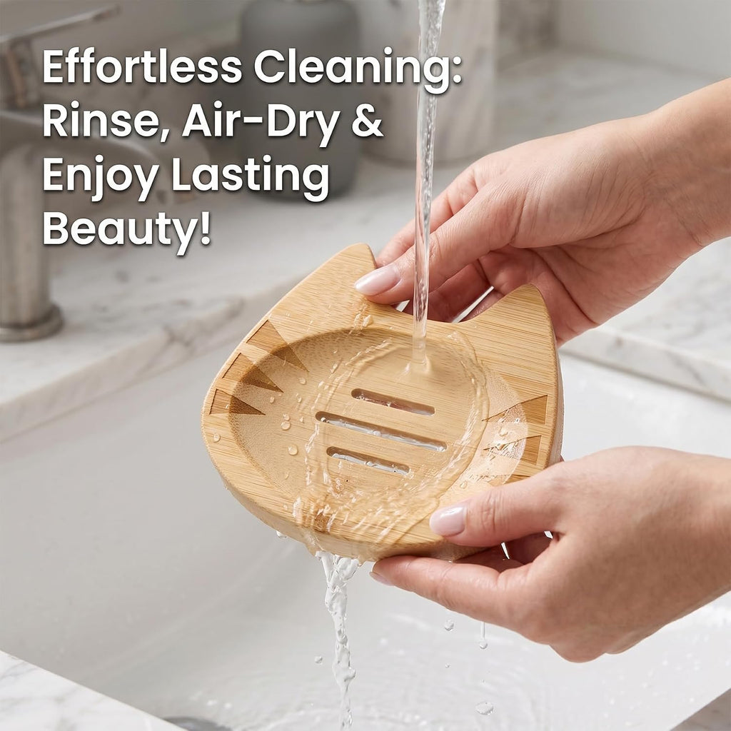Bamboo Soap Dish Self Draining for Shower - Cute Cat Bamboo Soap Tray Holder Saver with Drainage, Natural Waterproof Decorative Tray for Bathroom, Kitchen, Sponges, Bath Tub, Shower, Sink - 1 Pack