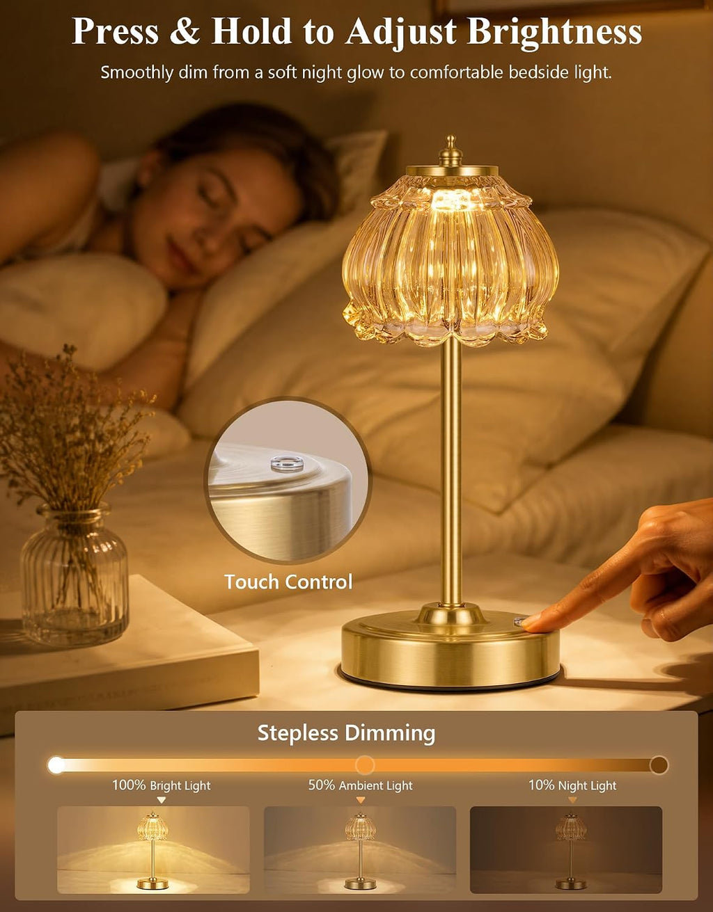 ROTTOGOON Cordless Table Lamp, Glass Rechargeable Battery Operated Lamp, 3-Way Stepless Dimming Touch Lamps, Small Glass Bedside Nightstand Light for Bedroom Dining Table Living Room