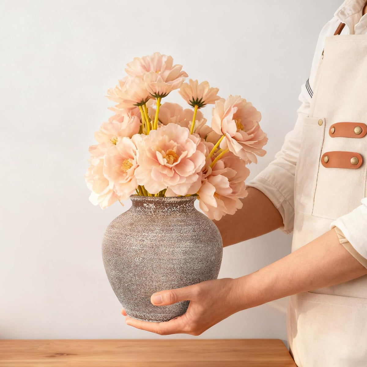 Ceramic Flower Vase Home Decor, 6.2 inch Farmhouse Rustic Vintage Decorative Vases, Pottery Terracotta Boho Flowers Vases for Dining Table, Living Room, Shelf, Kitchen, Bedroom (6.2"-Terracotta)