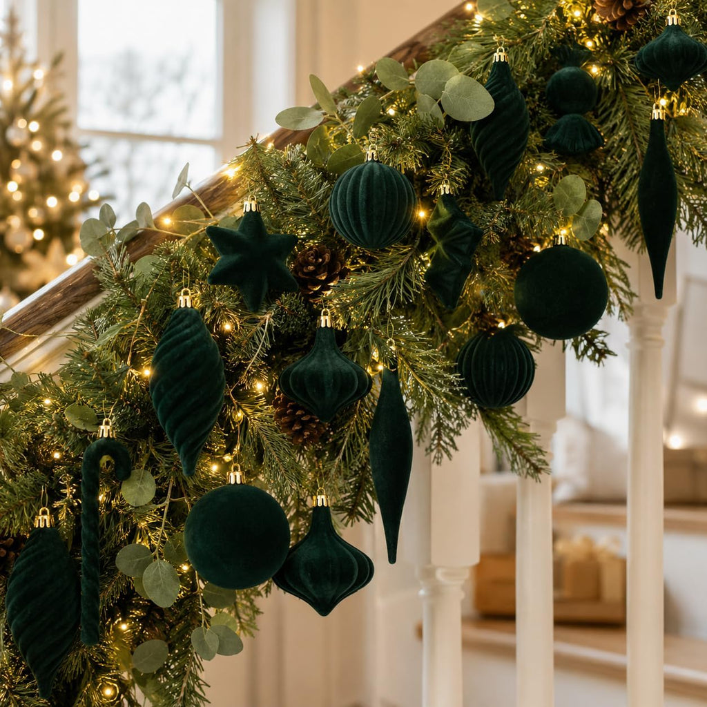 30PCS Green Velvet Christmas Ornaments Set,Flocked Ornaments Balls for Tree