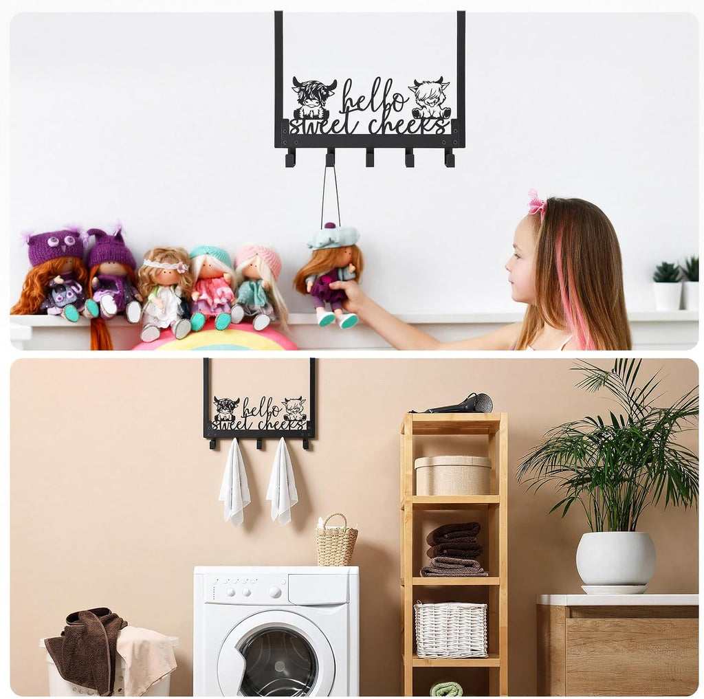 Kathfly Cute Highland Cow Over Door Towel Rack 5 Hooks Black