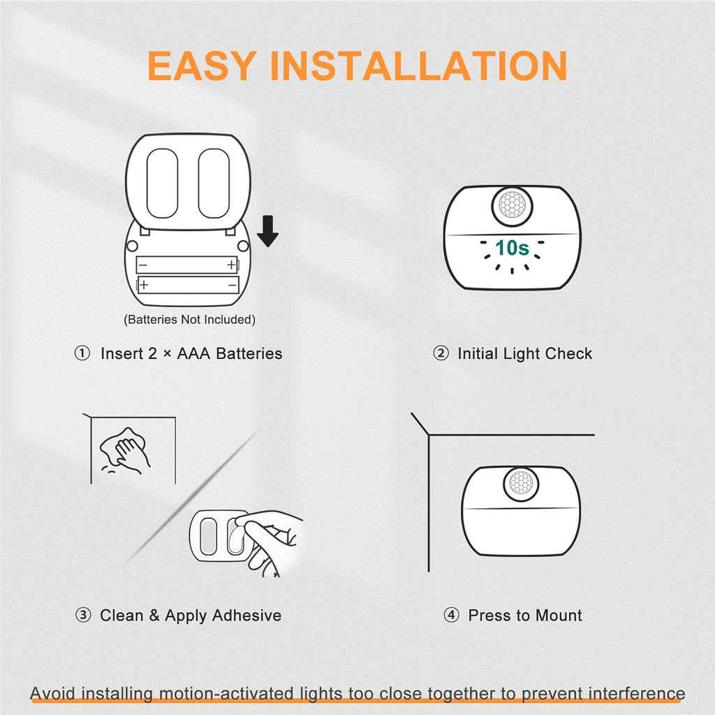 DiCUNO Motion Sensor Night Light, Stick-On, Battery Operated, 3000K, 4-Pack