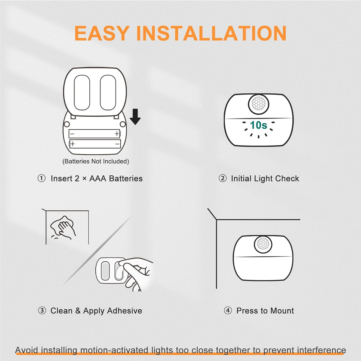 DiCUNO Motion Sensor Night Light, Stick-On, Battery Operated, 3000K, 4-Pack