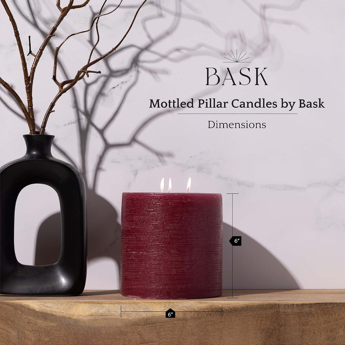 Bask Large Mottled Pillar Candles - Unscented - 6-Inch Diameter for Extra-Wide Holders - 3-Wick Candles for Home and Events - Burgundy