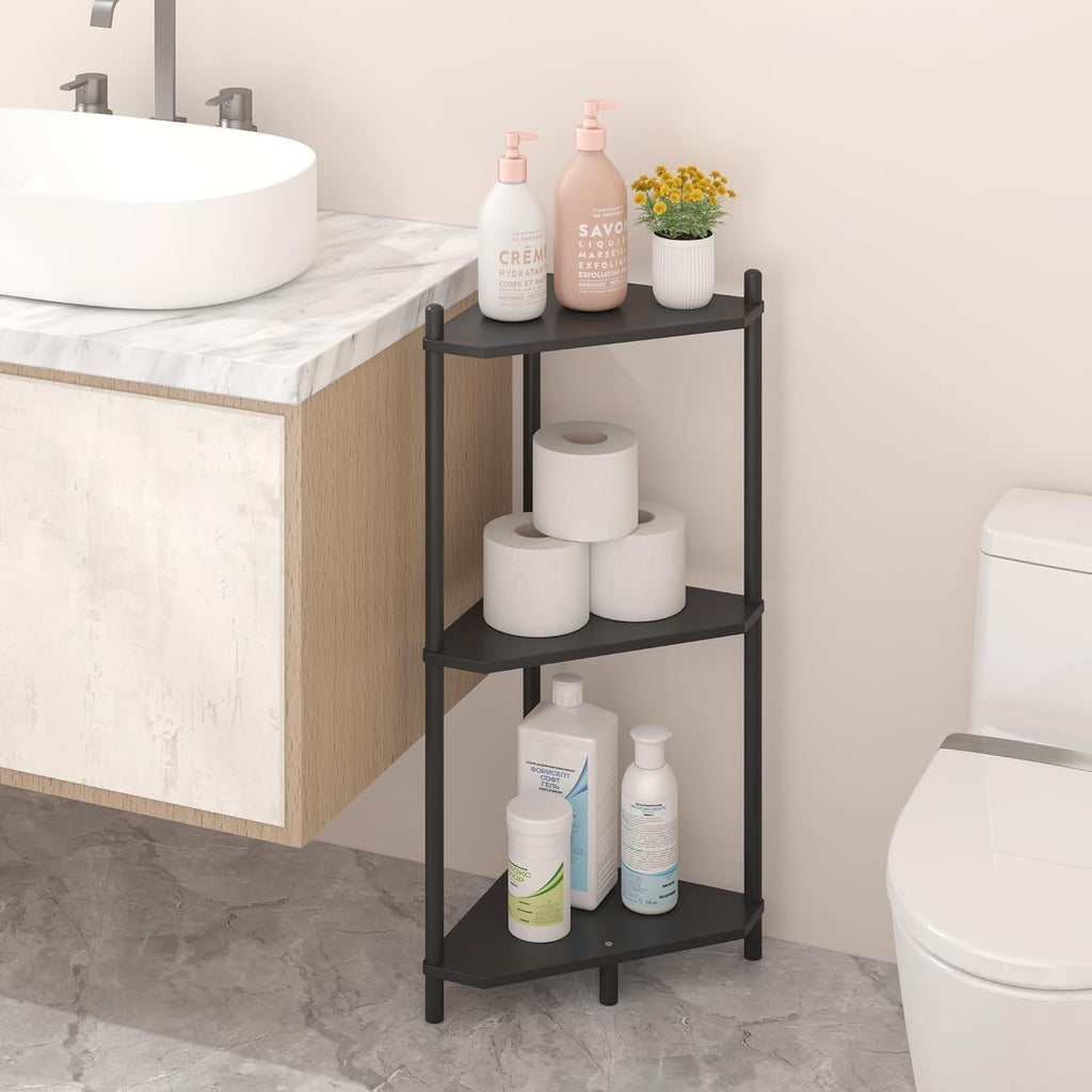 Wisuce Black Small Corner Shelf Stand, 3-Tier Bamboo Corner Bookshelf