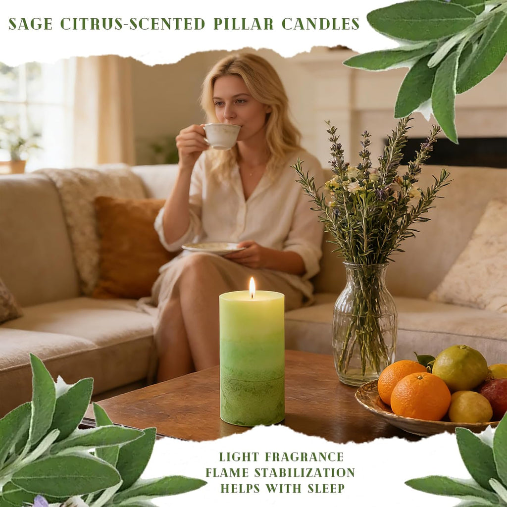 Sage & Citrus Scented Pillar Candles,2.8x6 Inch,70 Hour,3 Pack