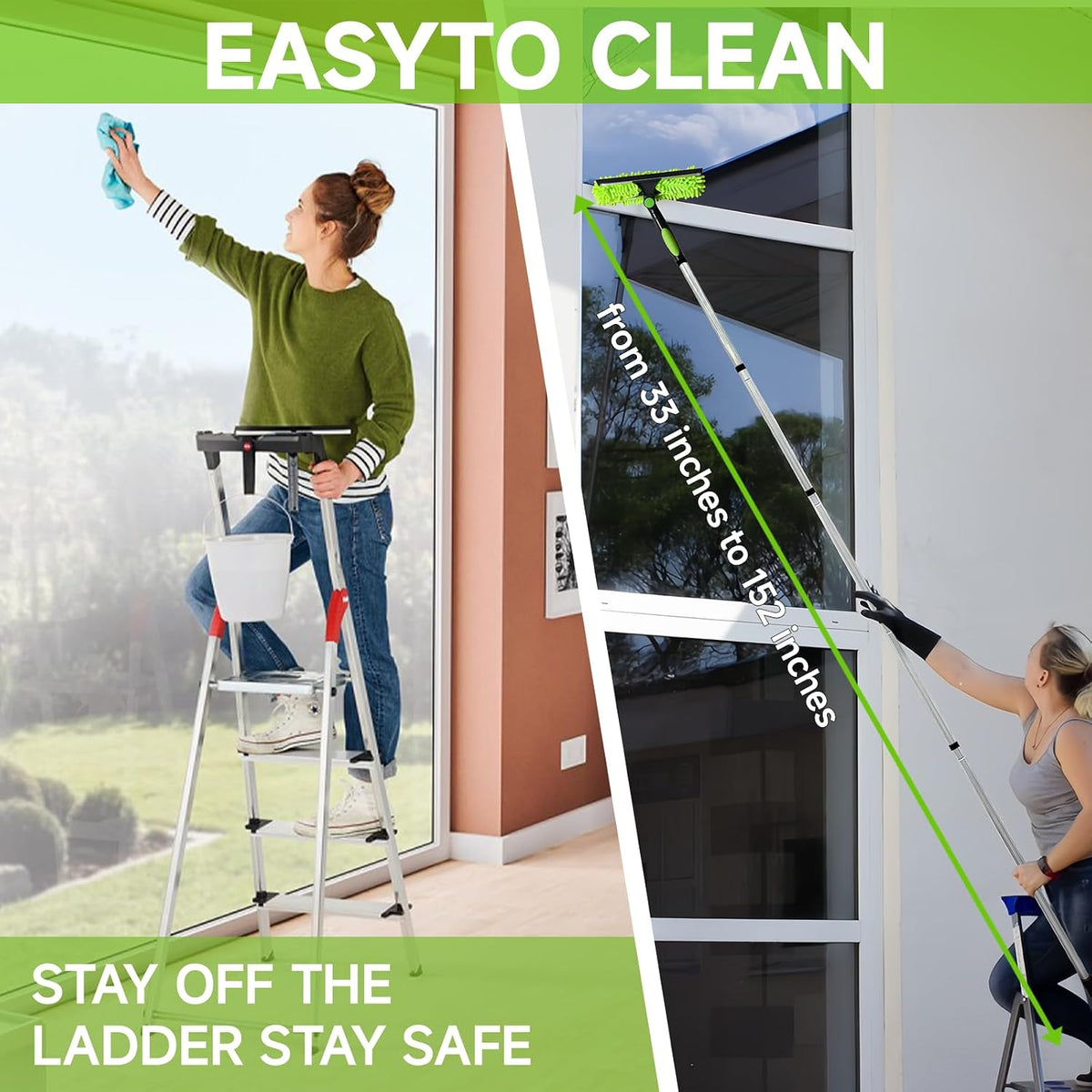 2 in 1 Window Squeegee Cleaner Kit Extension Pole, 152 in, Green