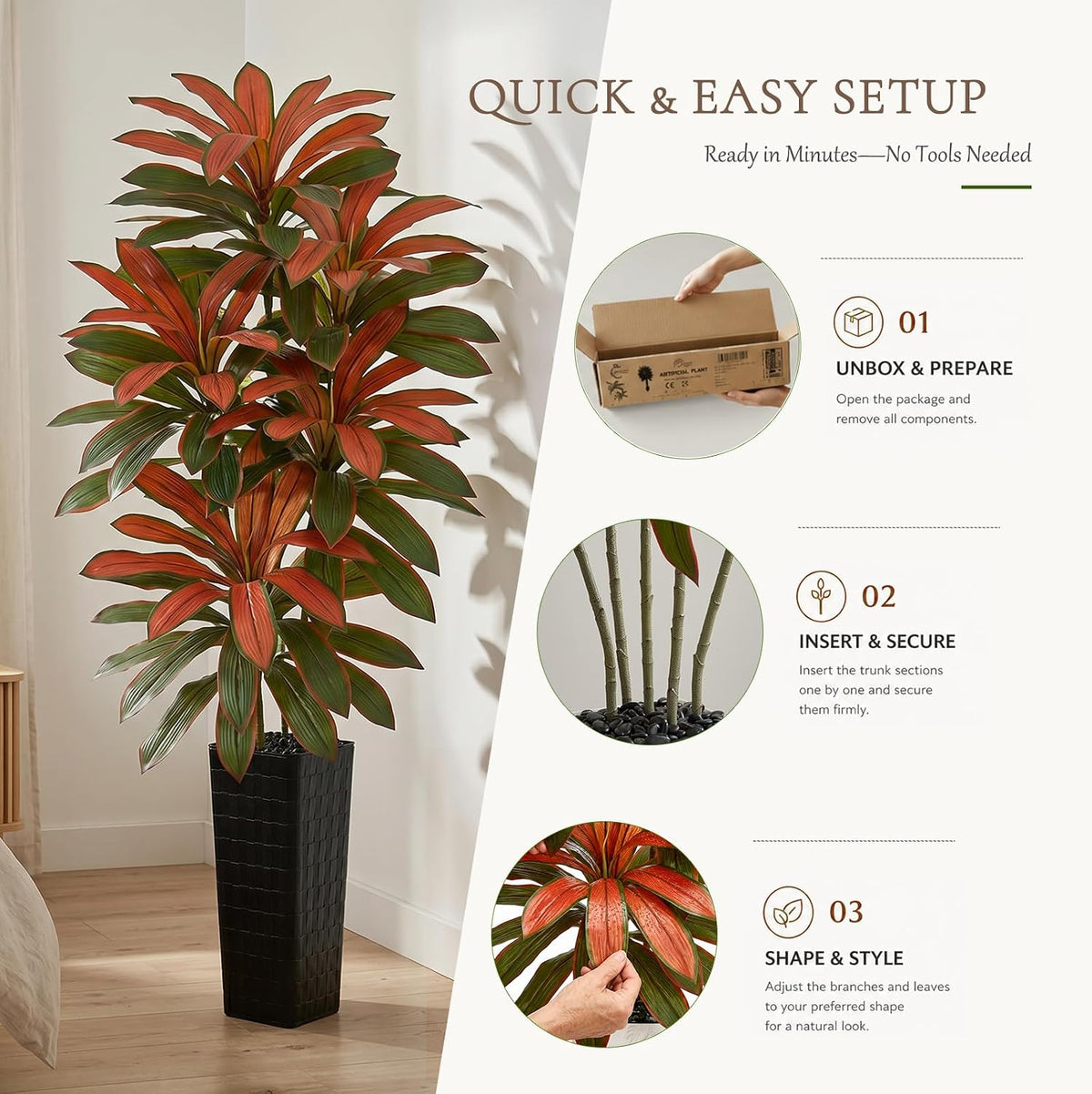 Artificial Red Dracaena Tree 7FT - Fake Tree with Black Tall Planter
