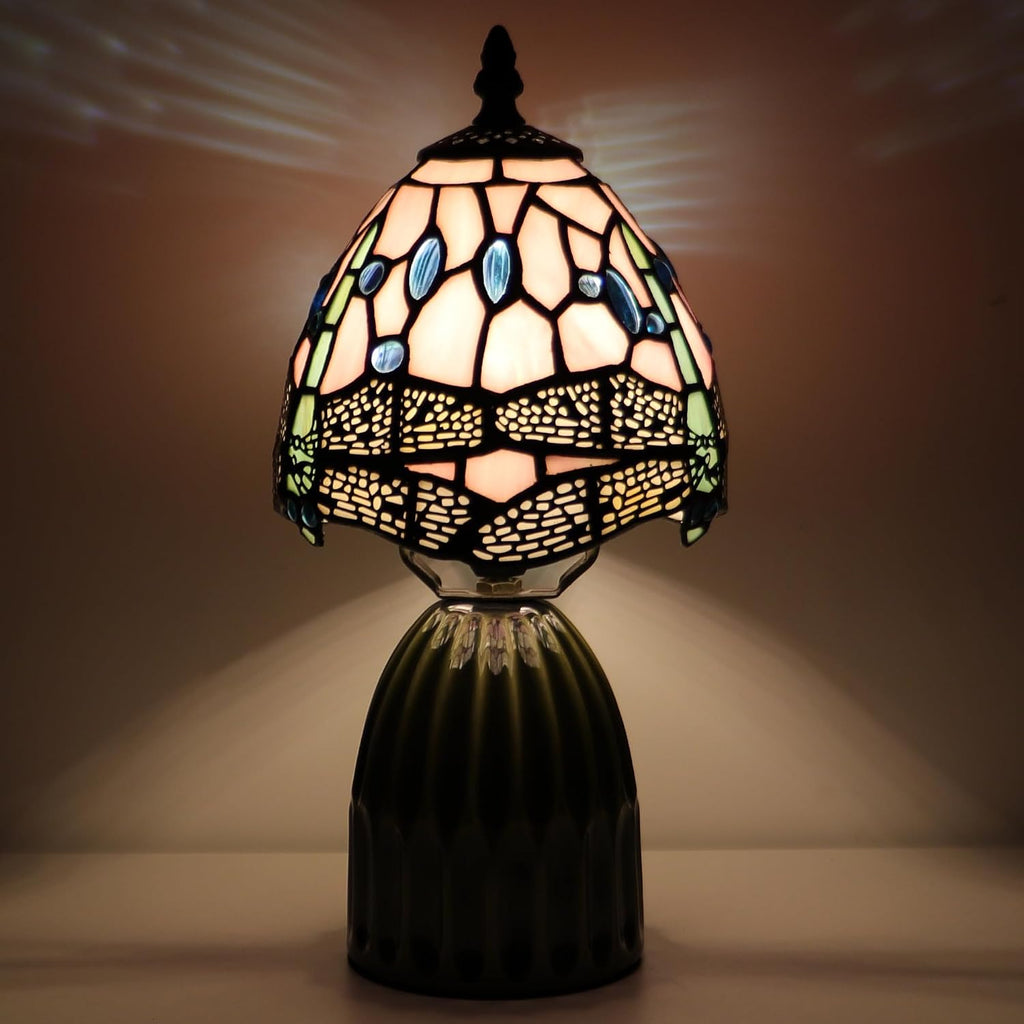 Tiffany Stained Glass Mushroom Table Lamp 12.5 Inch -Pink Dragonfly