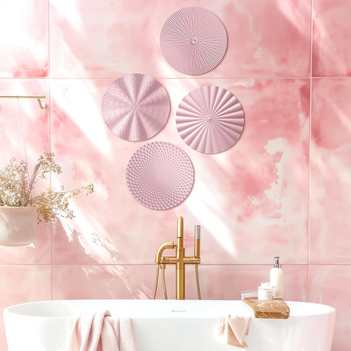 Hicarer 4 Pcs 12 Inch Pink Metal Wall Art Decor Modern Sunburst Decor