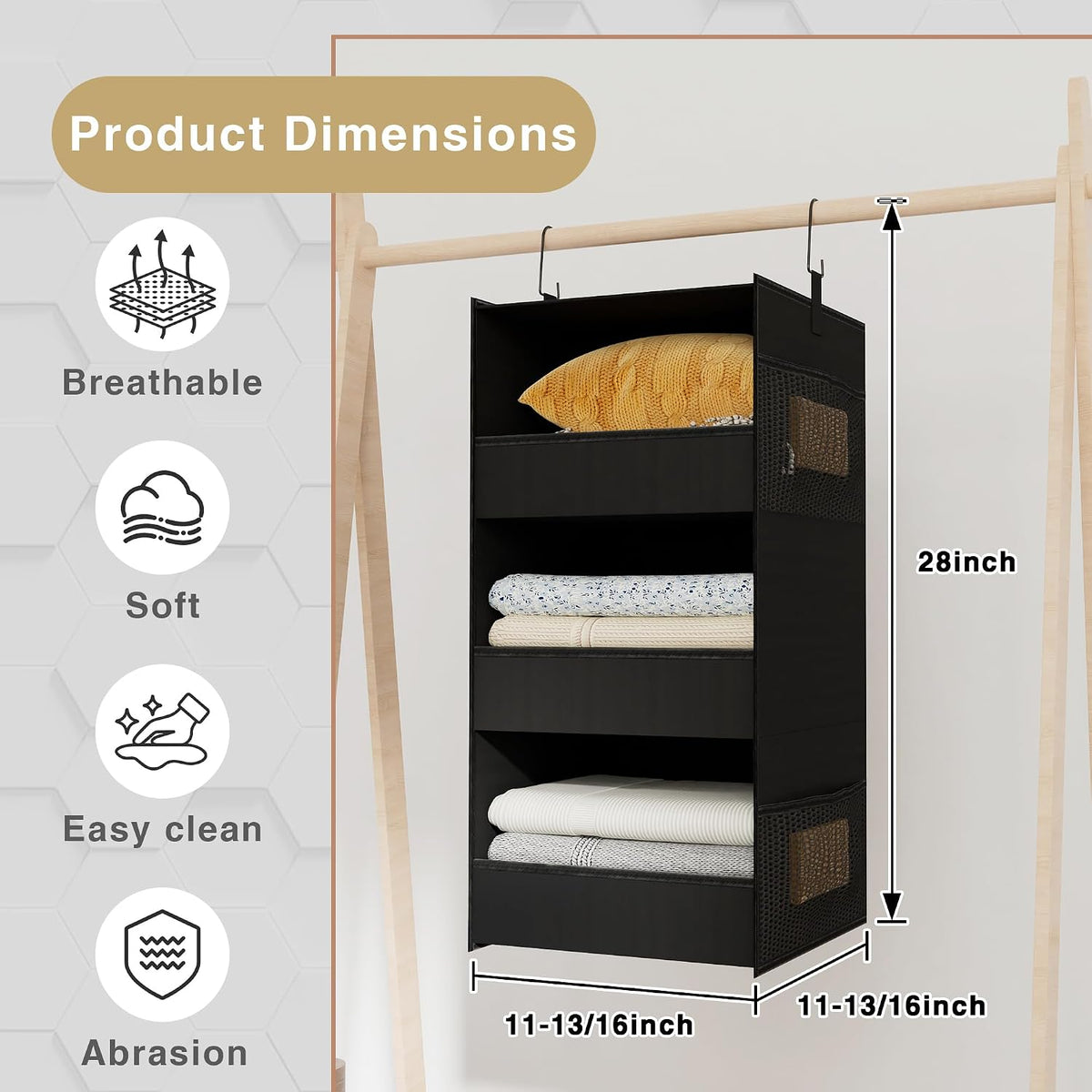 3-Shelf Hanging Closet Organizer, Washable Foldable Storage Shelves, Black
