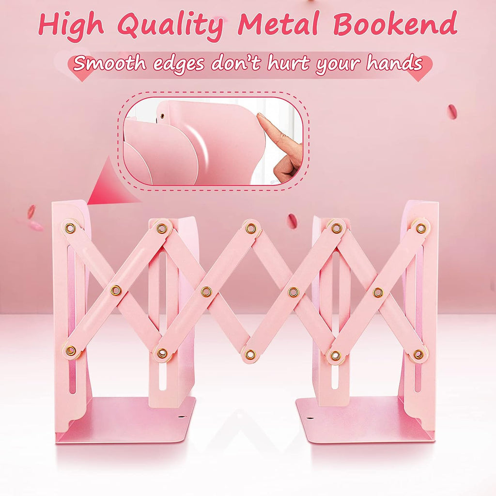 Non Skid Book Ends to Hold Books, Carooyac Heavy Duty Bookends Adjustable Book End, Metal Bookends for Shelves, Pink Book Holders Organizer for Bookshelf Desk - Extends up to 19"