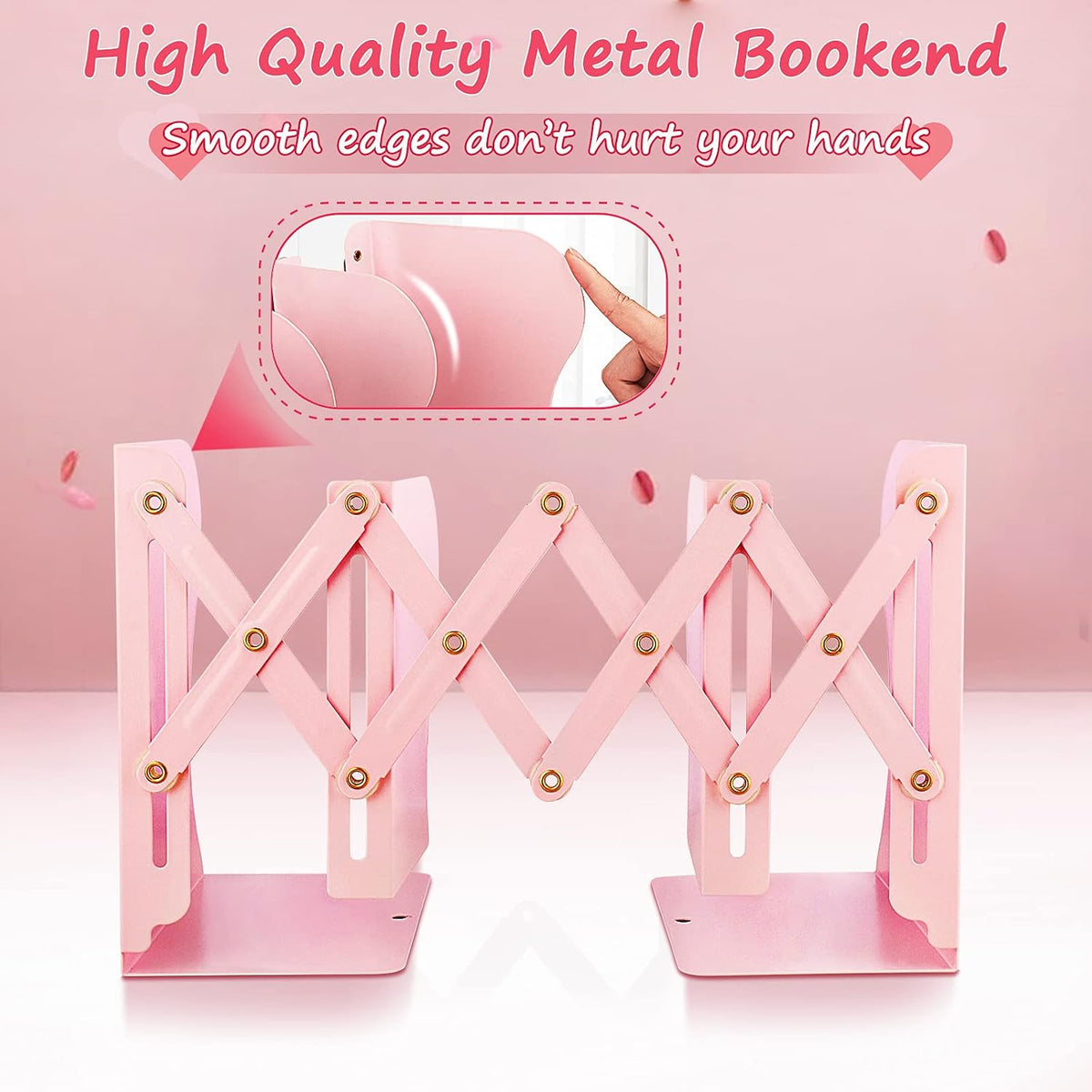 Non Skid Book Ends to Hold Books, Carooyac Heavy Duty Bookends Adjustable Book End, Metal Bookends for Shelves, Pink Book Holders Organizer for Bookshelf Desk - Extends up to 19"