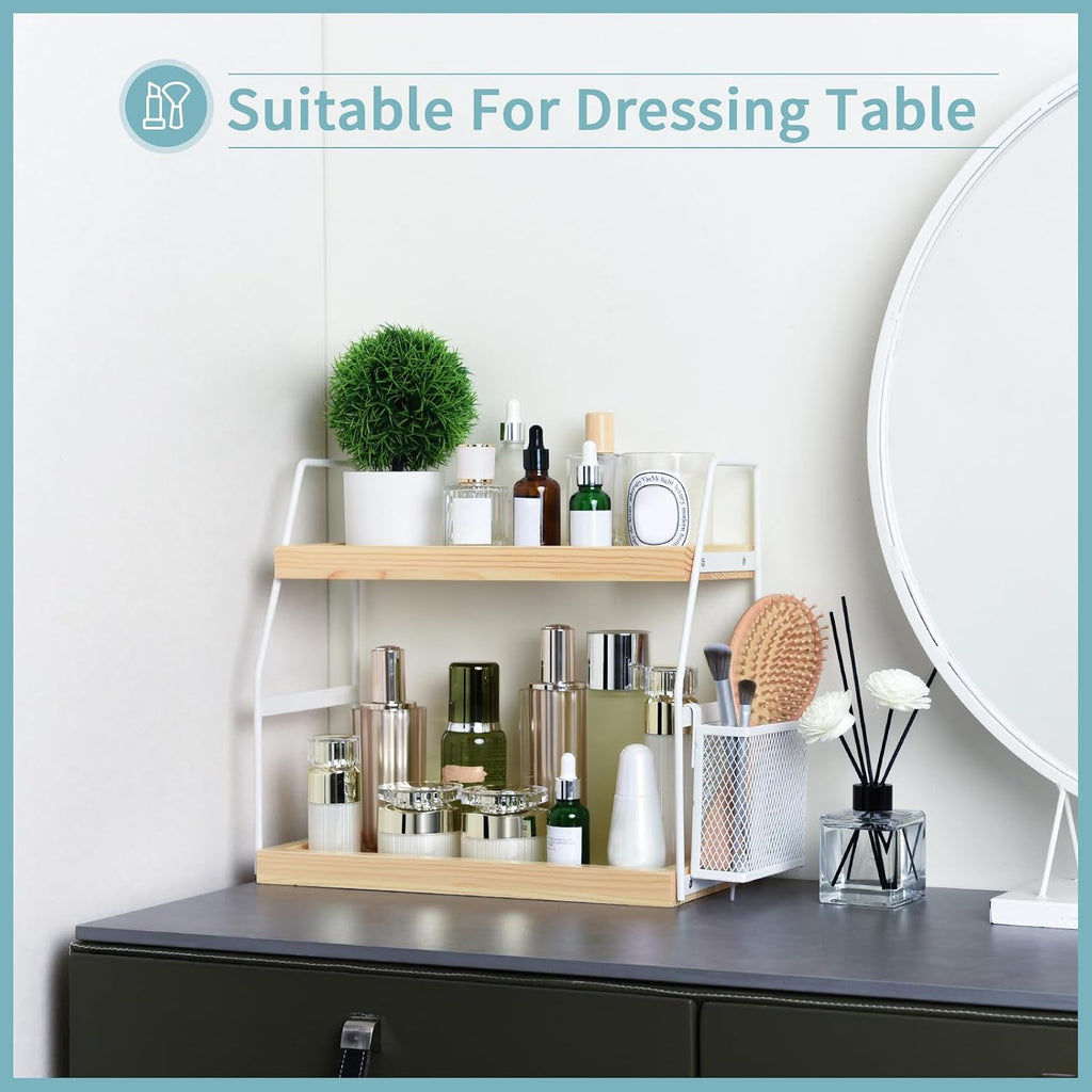 Bathroom Counter Organizer, 2-Tier Standing Storage Shelf with Basket, Wood Tray for Skincare Vanity Organizer(White)