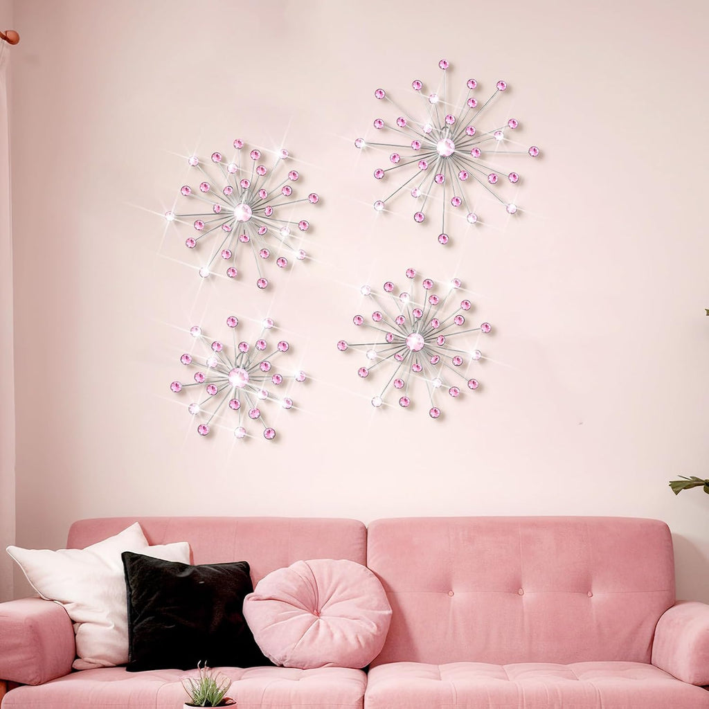 Funnymoom 4 Pcs Pink Starburst Wall Decor Metal Crystal Wall Art Rhinestone