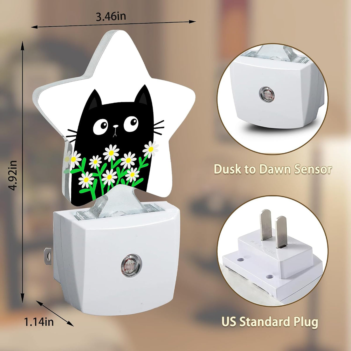 Cat Kitten Daisy Plug-in Night Light with Dusk-to-Dawn Sensor for Bedroom,Bathroom and Living Room Sleep Friendly lamp for Women/Girls/Boys Gift,0.5W