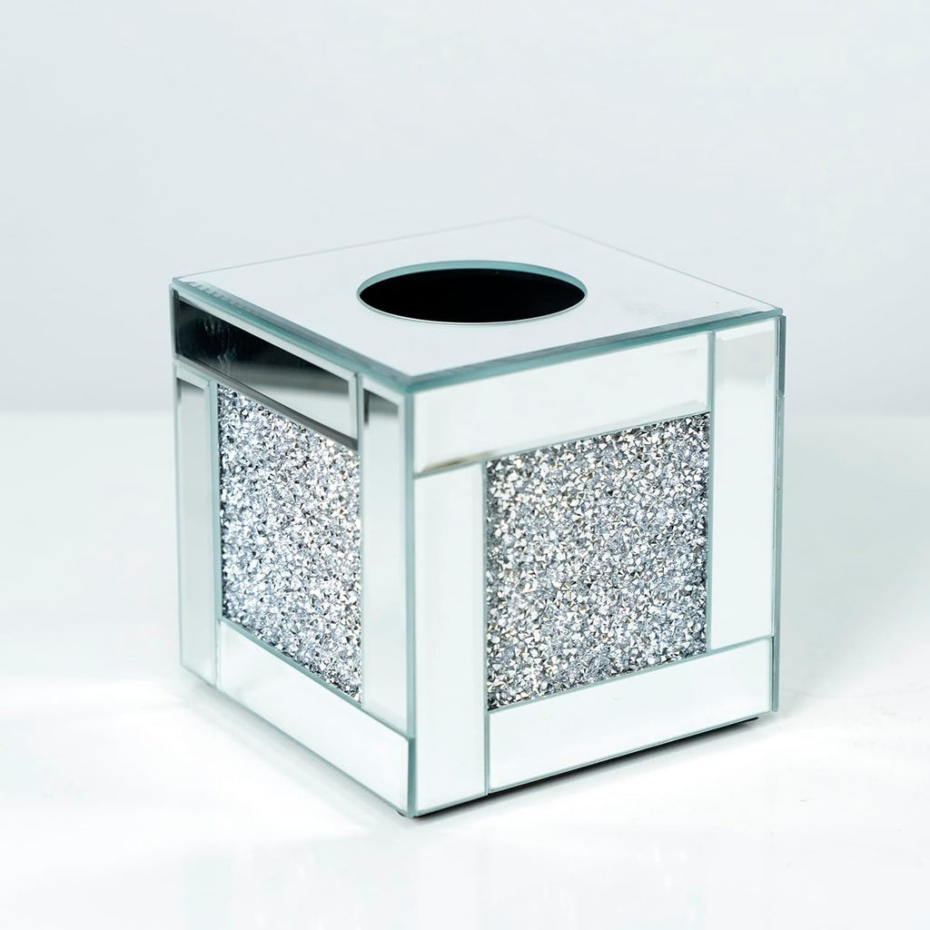 Mirrored Tissue Box Cover Holder, Square Glass Facial Tissue Holder with Crushed Diamond Crystals, Luxury Facial Paper Organizer Dispenser for Bathroom, Vanity Countertop, Tabletop, Silver