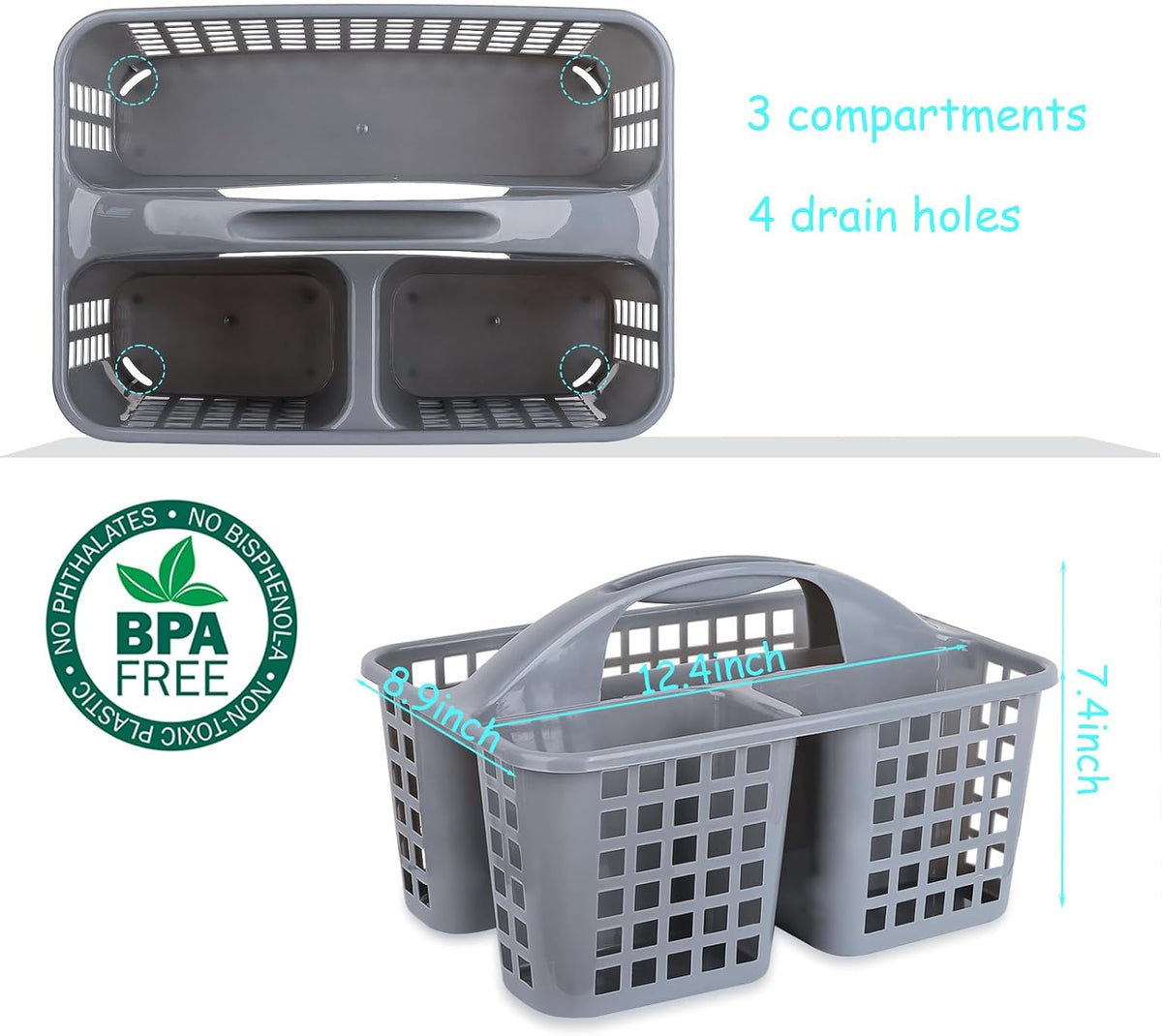 Portable Shower Caddy Basket Plastic Storage Basket with Compartments Grey
