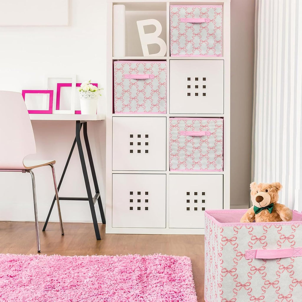 6 Pcs Pink Bow Cube Storage Bins 12.5 Inch Storage Basket with Handle, Cute Girls Organizer Basket, Collapsible Fabric Box for Classroom Bedrooms Office Home Decoration (Bow)