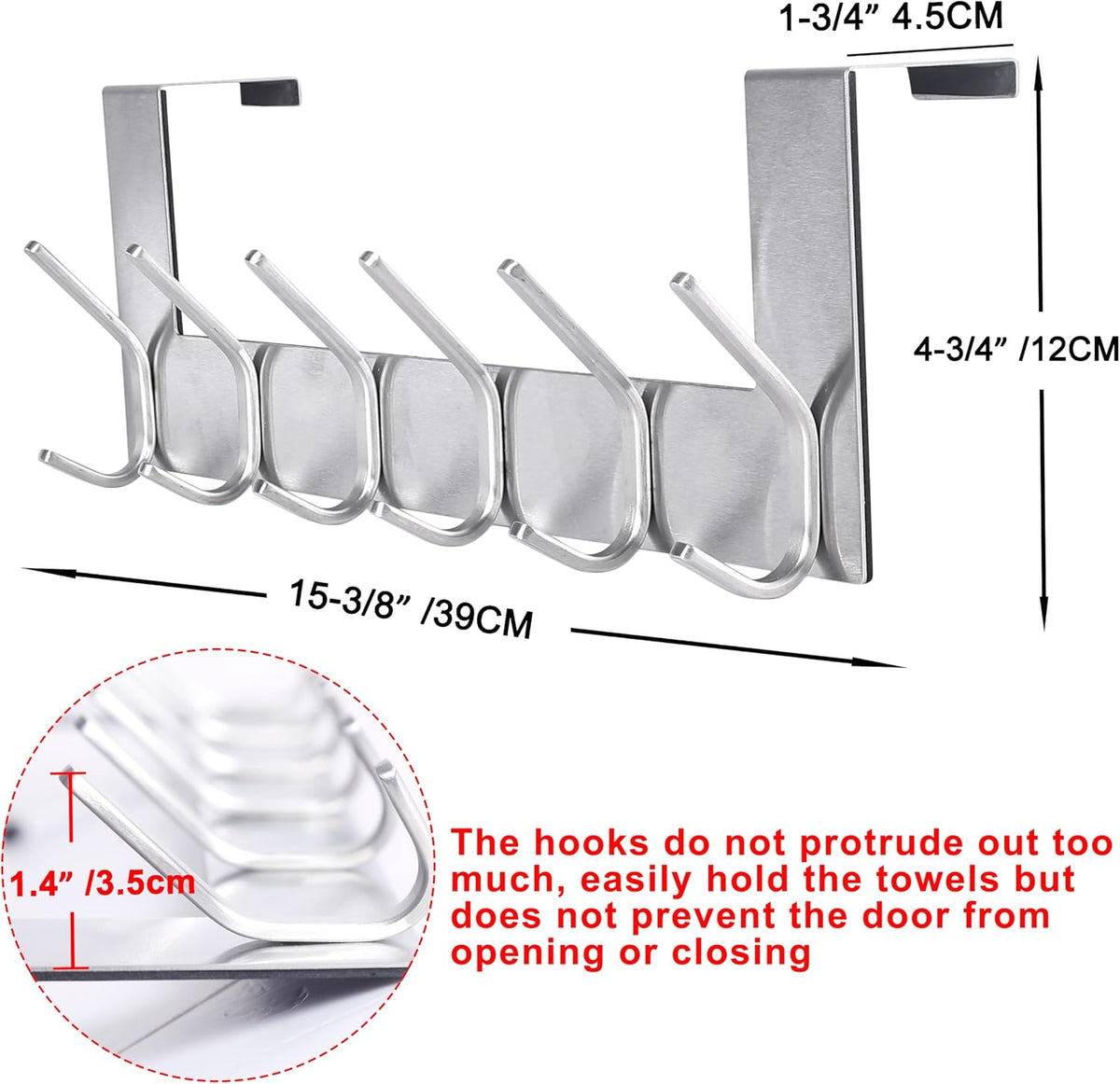 SKOLOO Over The Door Hook - for Doors up to 1-3/4'' Thickness, Silver, No Assembly Required, Stainless Steel, Door Coat Rack for Entryway & Bathroom Hanging Coats, Backpack, Robes, Towels, Pack of 2