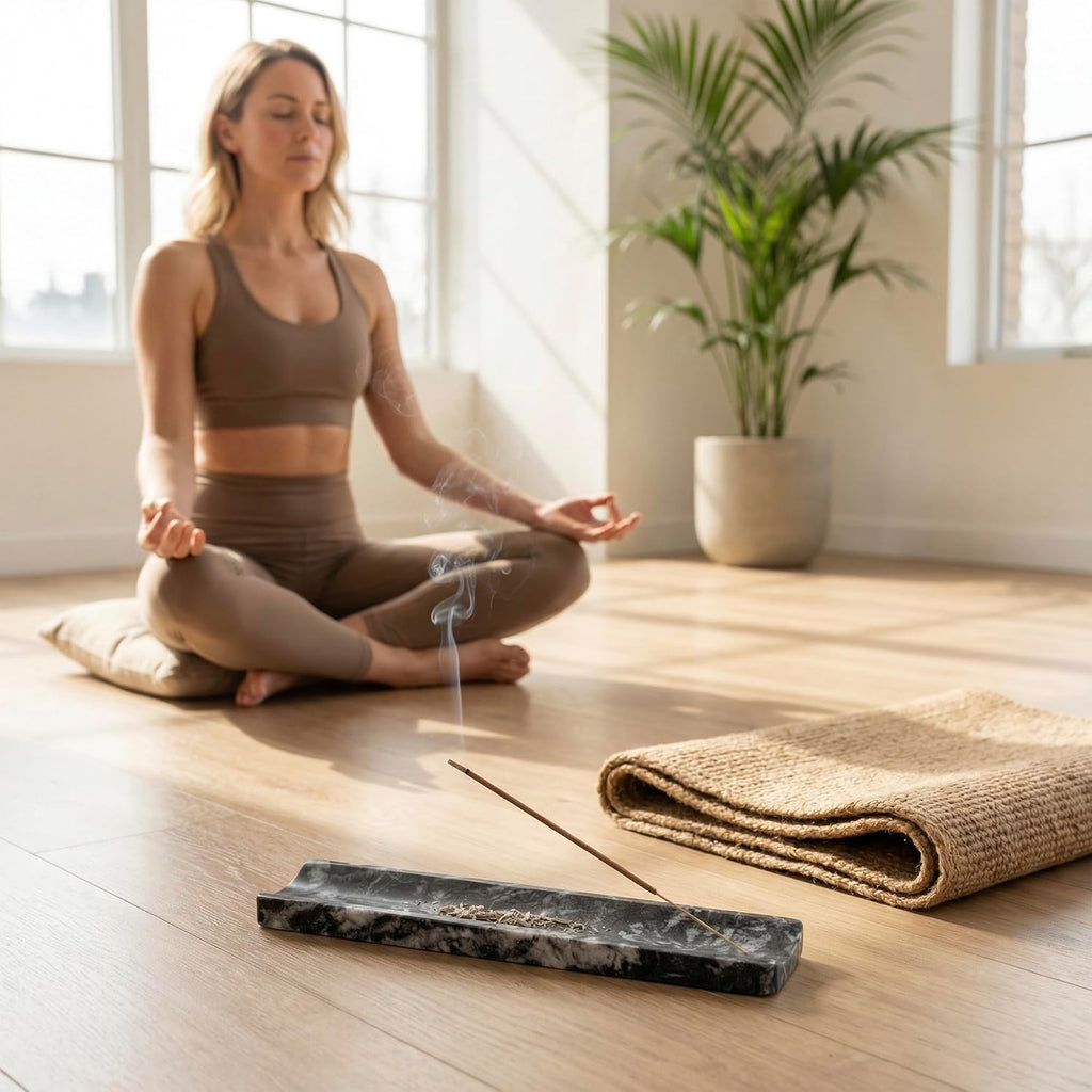 Marble Incense Holder Burner-Natural Stone Stick Incense Tray with Ash Catcher，20 Sticks & Brush - Elegant Decor for Meditation, Yoga, Home,Gift (Black)