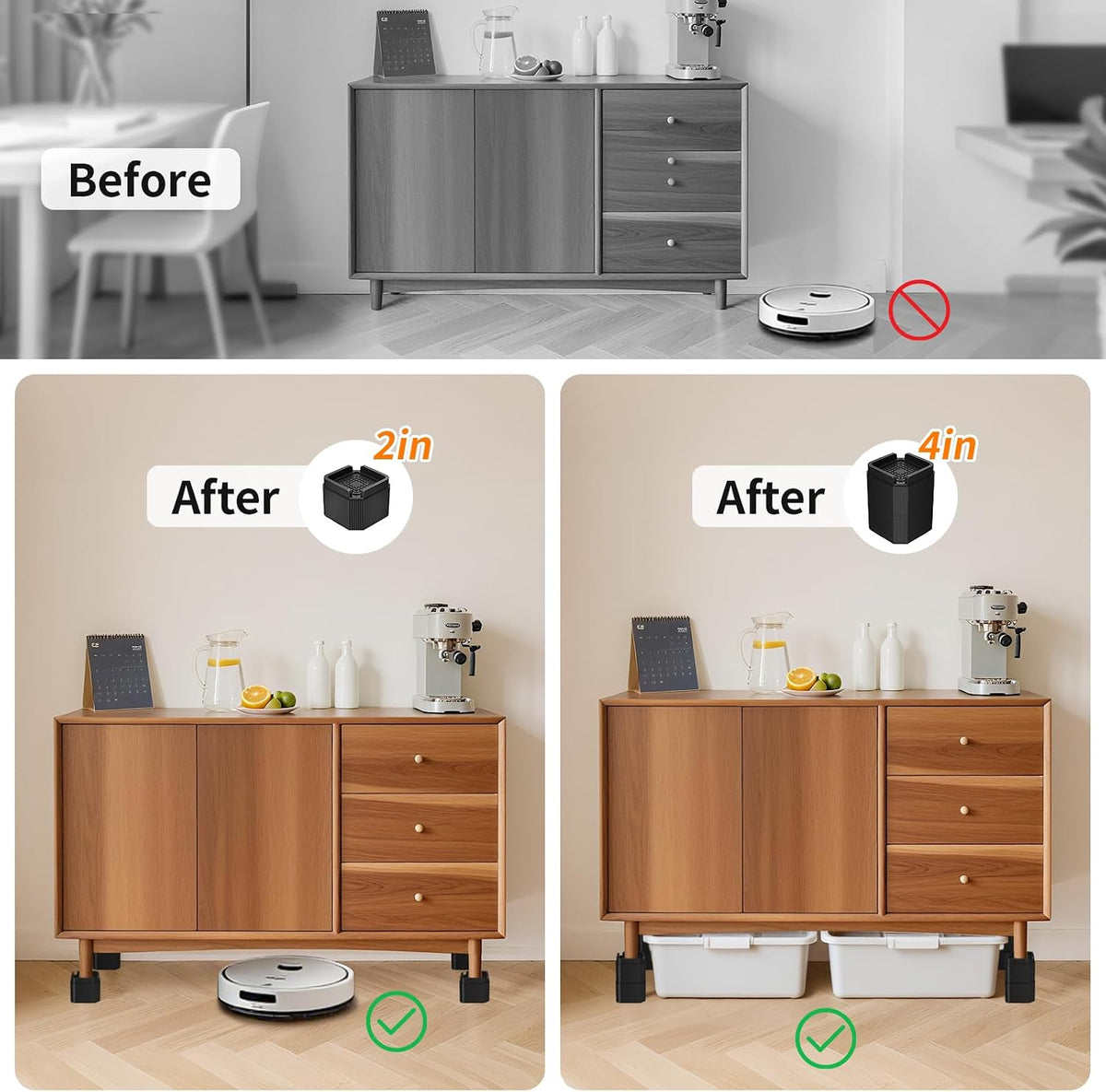 8 Pack Furniture Risers Adjustable Bed Risers Lift 2, 4, 5.9 Inch