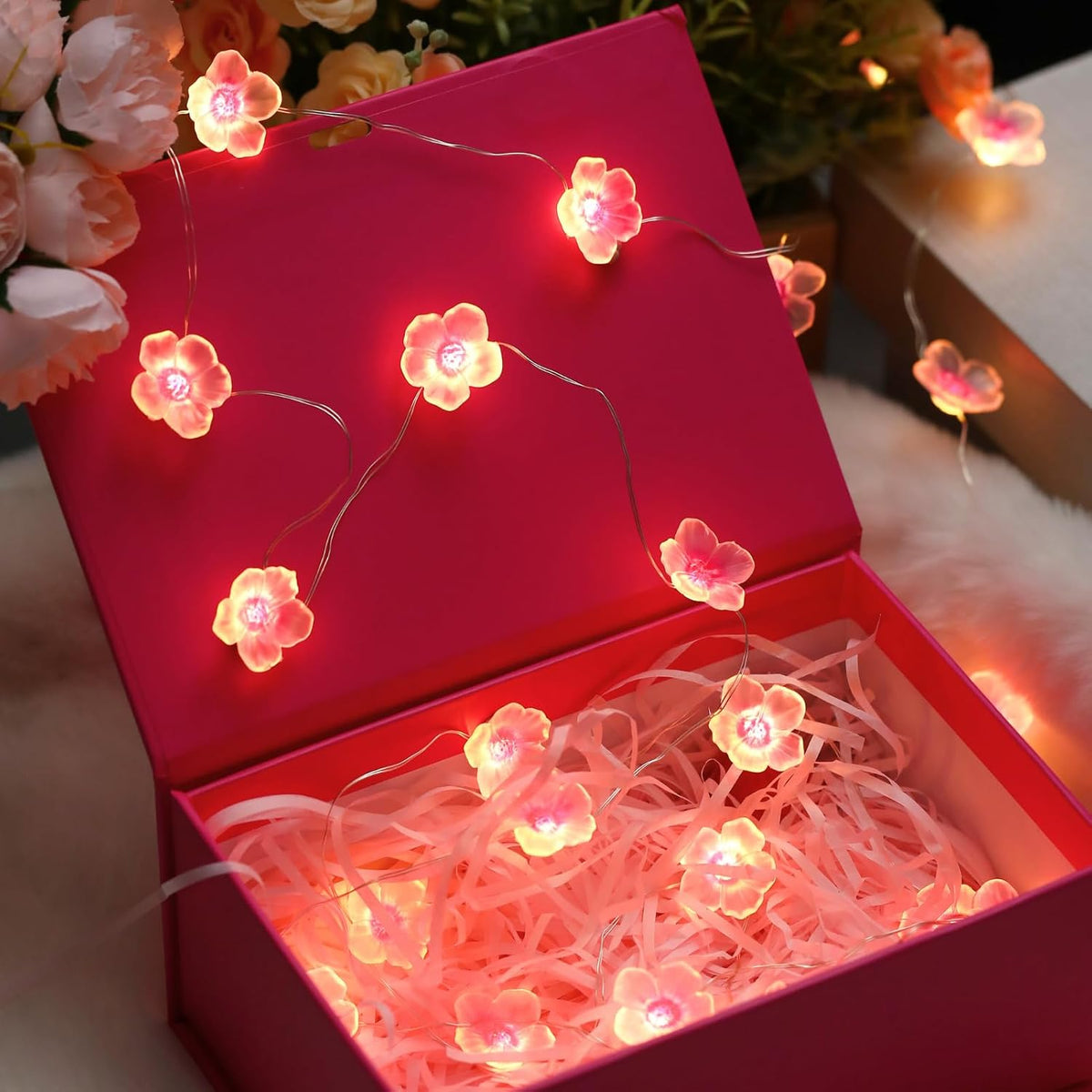 4 Pack Cherry Blossom String Lights 13ft 40 LED USB Plugin & Battery Operated Flower Fairy Lights with Remote & 8 Modes & Timer,Ideal for Bedroom Wedding Party Japanese Decor- Warm White