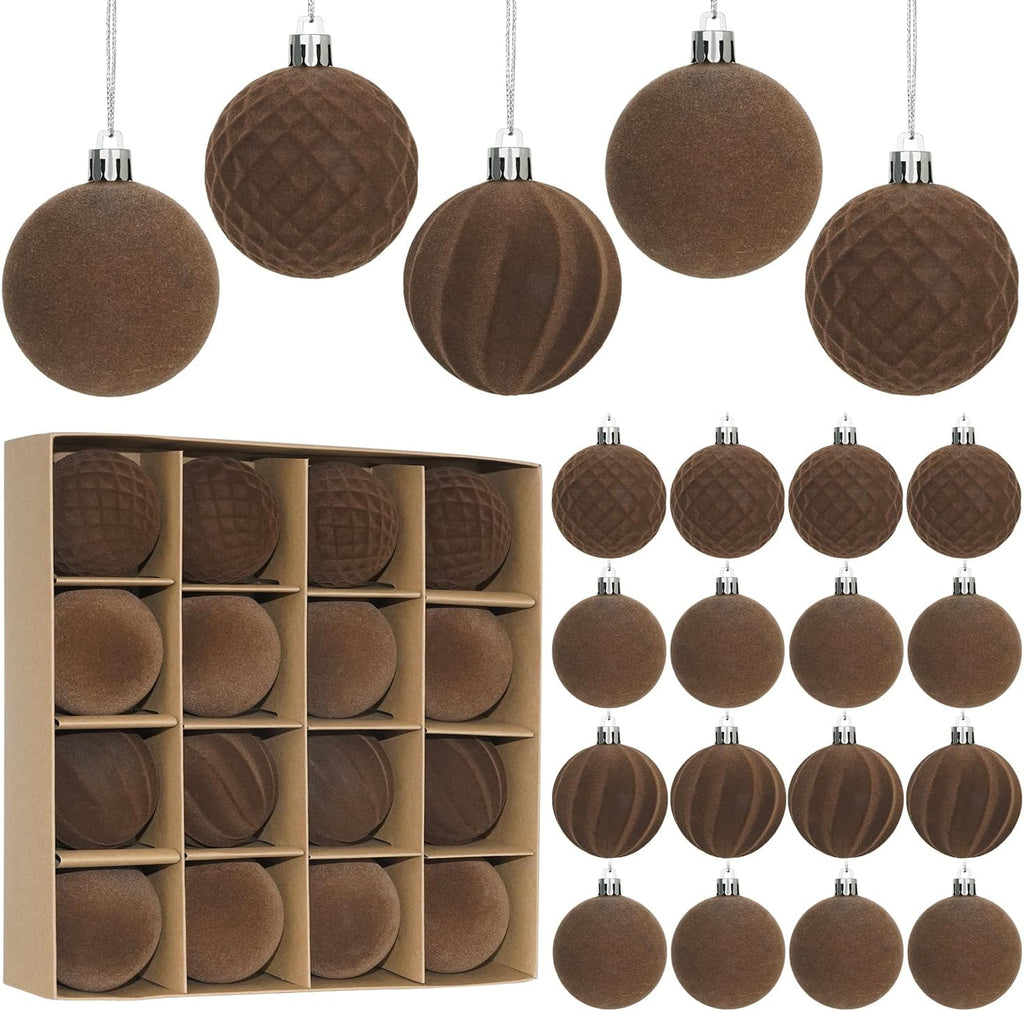 Artmag 16 Pcs Velvet Christmas Balls Hanging Ornaments Set, Shatterproof Plastic Flocked Christmas Tree Balls Xmas Decorations Festival Holiday Party Decor (Brown,2.36 Inch)