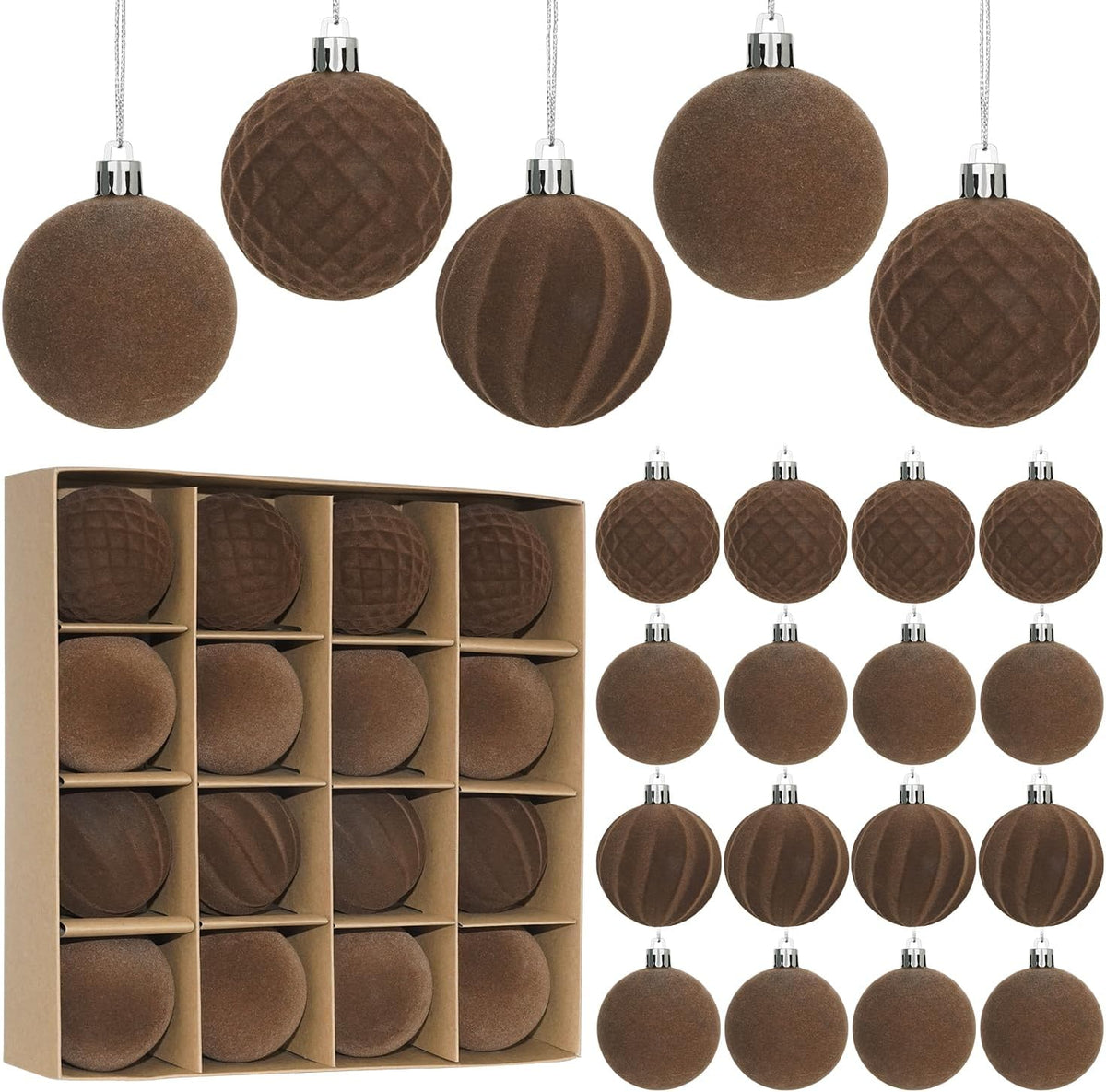 Artmag 16 Pcs Velvet Christmas Balls Hanging Ornaments Set, Shatterproof Plastic Flocked Christmas Tree Balls Xmas Decorations Festival Holiday Party Decor (Brown,2.36 Inch)