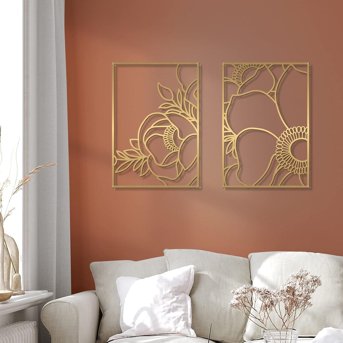 Glamativity Large 4 Pack Gold Wall Art, Minimalist Decor, Real Metal, Nature Floral Abstract, for Bedroom, Living Room, Bathroom (Gold Blossom Style, L Size 22.5 x 15.7'')