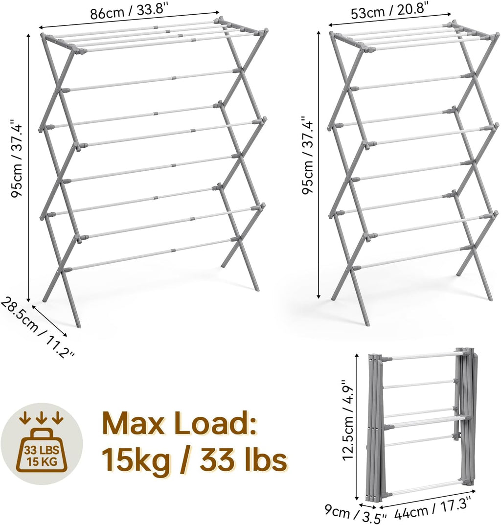 KINGBOARD Clothes Drying Rack, 3-Tier Foldable Extendable, White & Grey