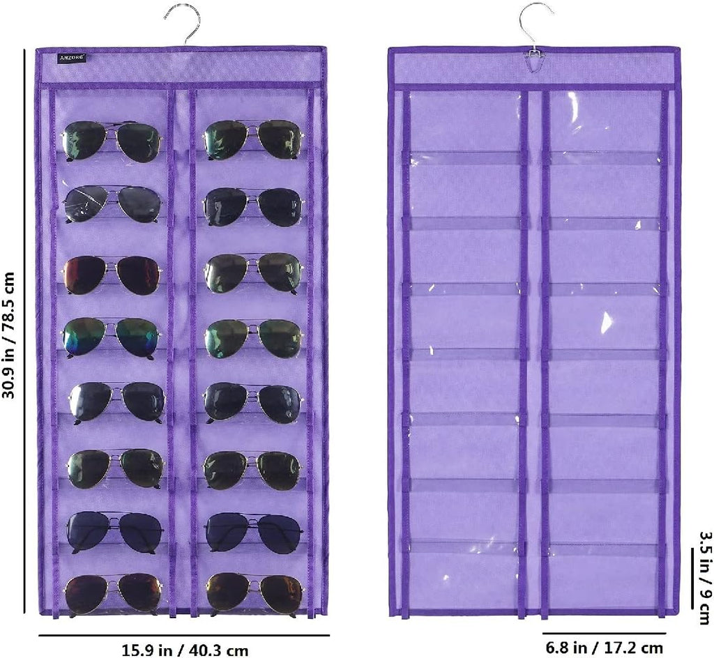 Dual Sided Hanging Sunglasses Organizer Wall Eyeglass Holder Sunglass Rack for Home with 32 Dust Proof Pockets (32 Pockets-Purple)