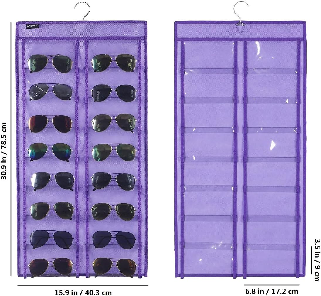 Dual Sided Hanging Sunglasses Organizer Wall Eyeglass Holder Sunglass Rack for Home with 32 Dust Proof Pockets (32 Pockets-Purple)