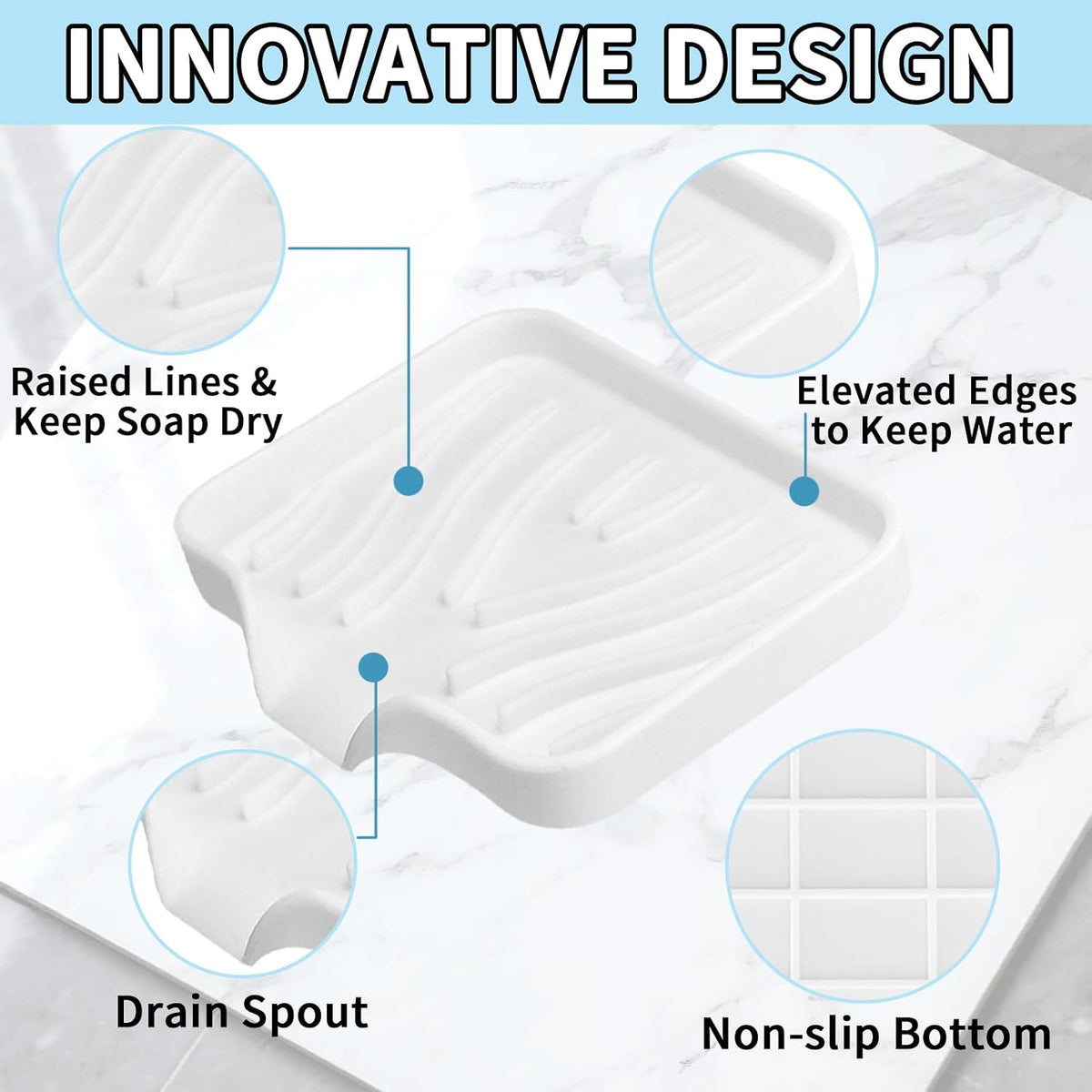 2 Pack Silicone Soap Dish with Drain, Self Draining Bar Soap Holder for Shower, Silicone Dish Soap Tray, Bathroom and Kitchen Sink Organizer, White