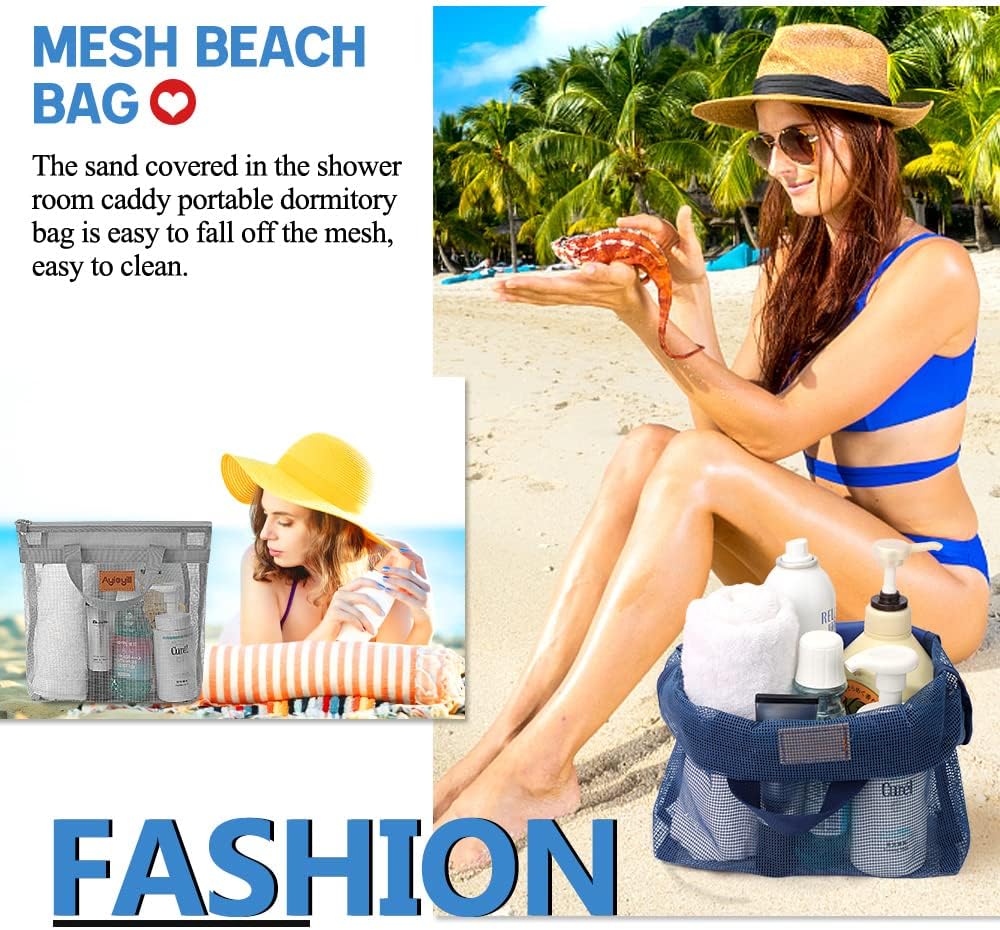 3 Pcs Portable Mesh Shower Caddy Tote, Quick Dry Tote Bag Mesh Beach Bags for Women, Hanging Toiletry and Bath Organizer for Travel Swimming Sports Gym Camp Shopping College Dorms (Black Gray D Blue)