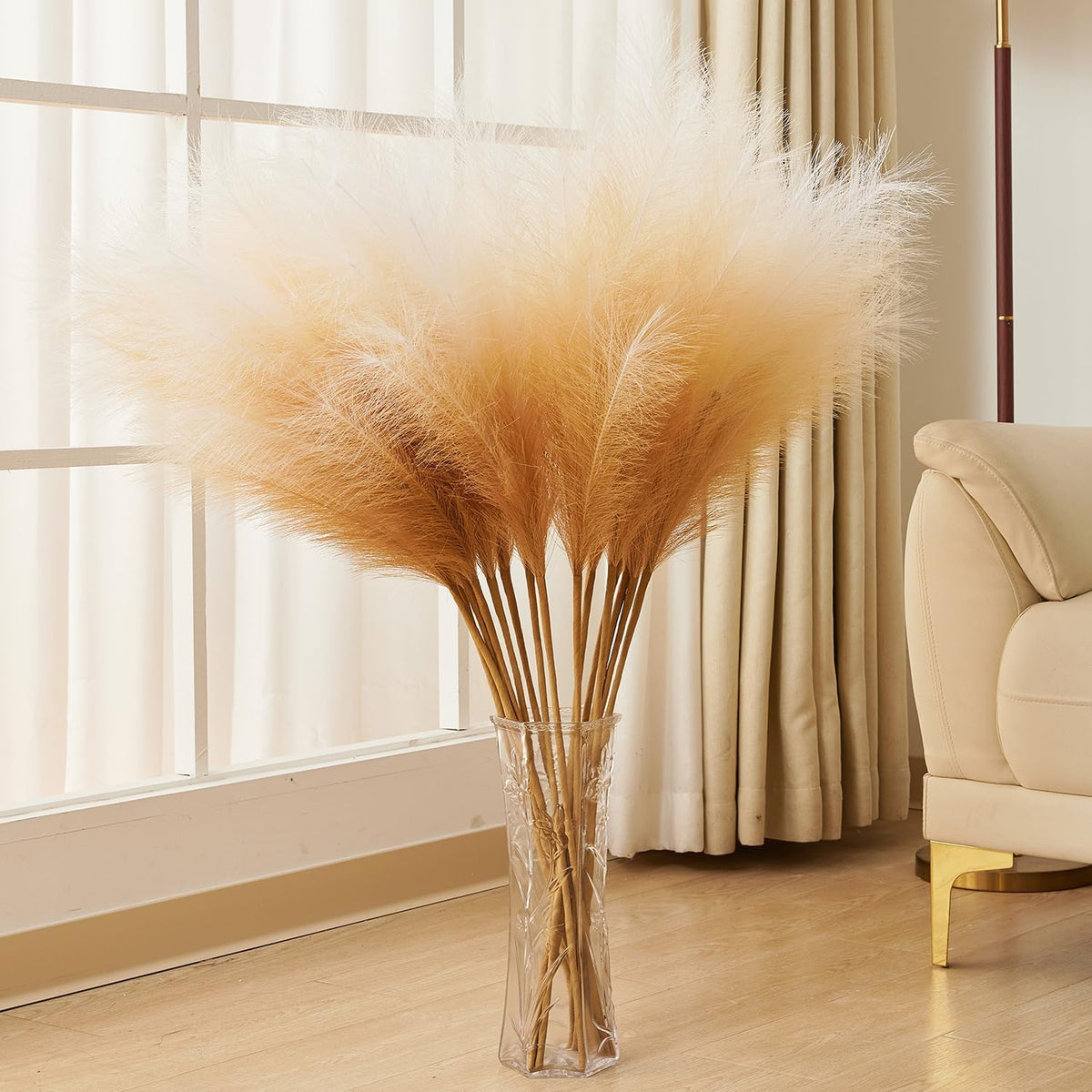 7 Pcs Faux Pampas Grass-45 Inches/3.75ft Large Boho Decor Fluffy Artificial Pompas Grass Décor Tall Vase Filler for Home Wedding Decoration (Beige Gradient, 7)