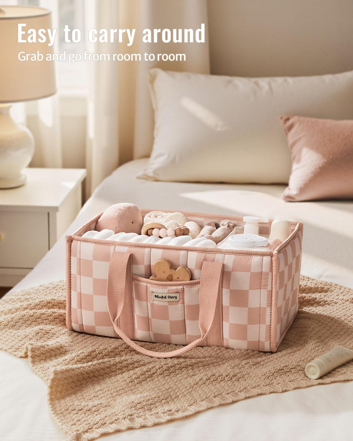 Blissful Diary Checkered Diaper Caddy Organizer, Storage Basket, Pink