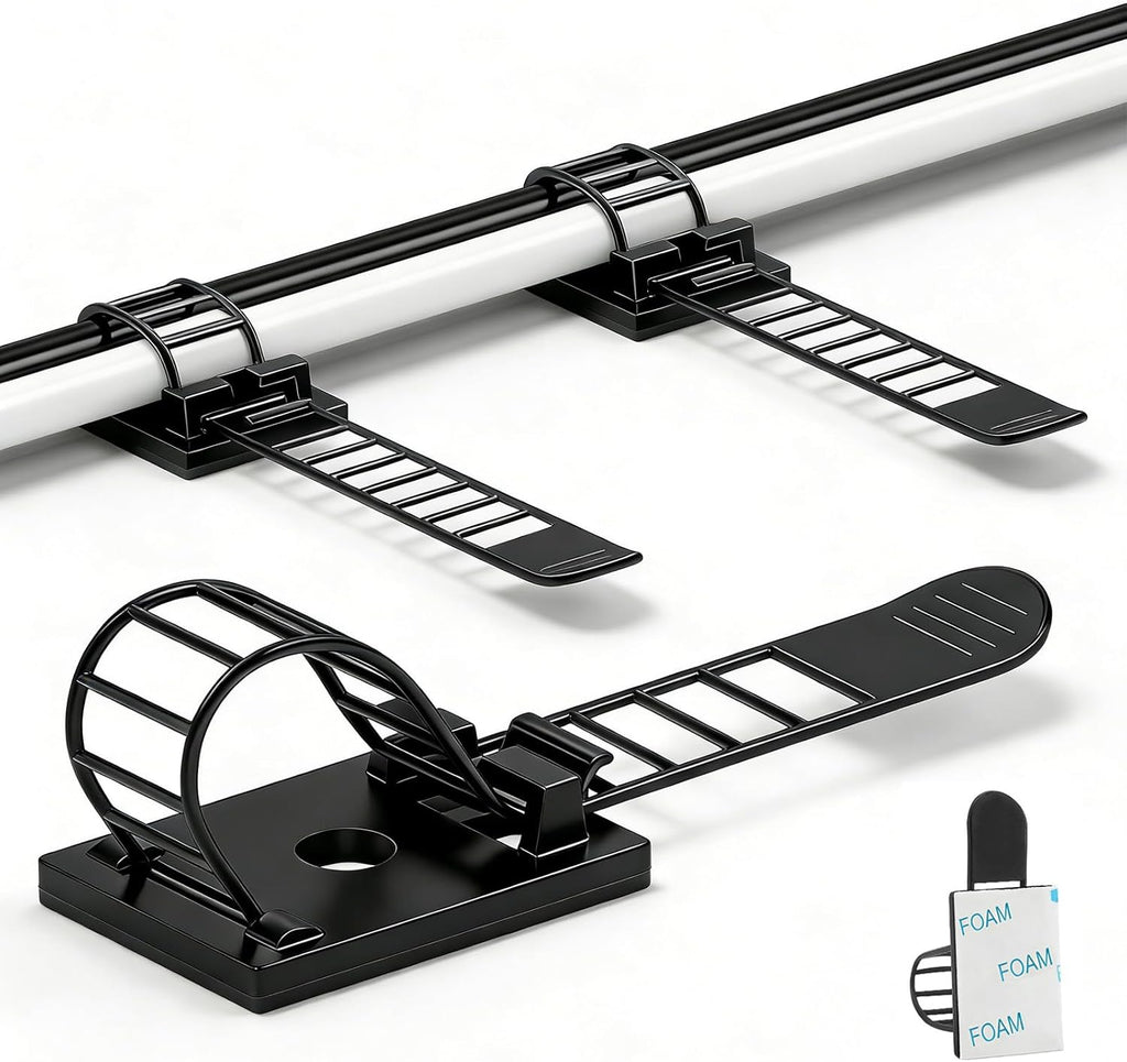 Adjustable adhesive cable management clips 100Pcs, large self adhesive cable ties clips ，Suitable for cable management under desks and on walls(Black)