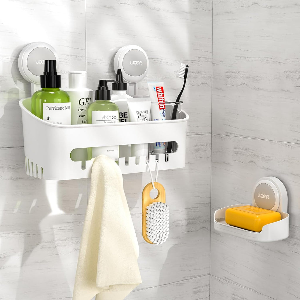 LUXEAR Shower Caddy Suction Cup 2 Pack Suction Shower Basket + Soap Dish Holder NO-Drilling Removable One Second Installation Shower Organizer Powerful Waterproof Bathroom Caddy Storage