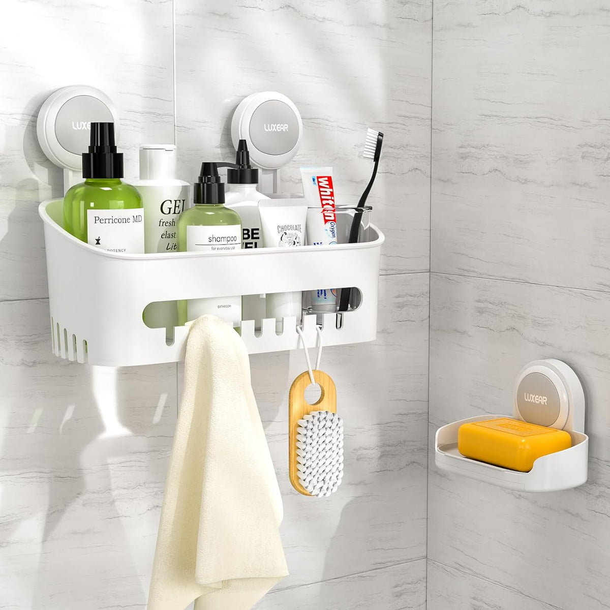 LUXEAR Shower Caddy Suction Cup 2 Pack Suction Shower Basket + Soap Dish Holder NO-Drilling Removable One Second Installation Shower Organizer Powerful Waterproof Bathroom Caddy Storage
