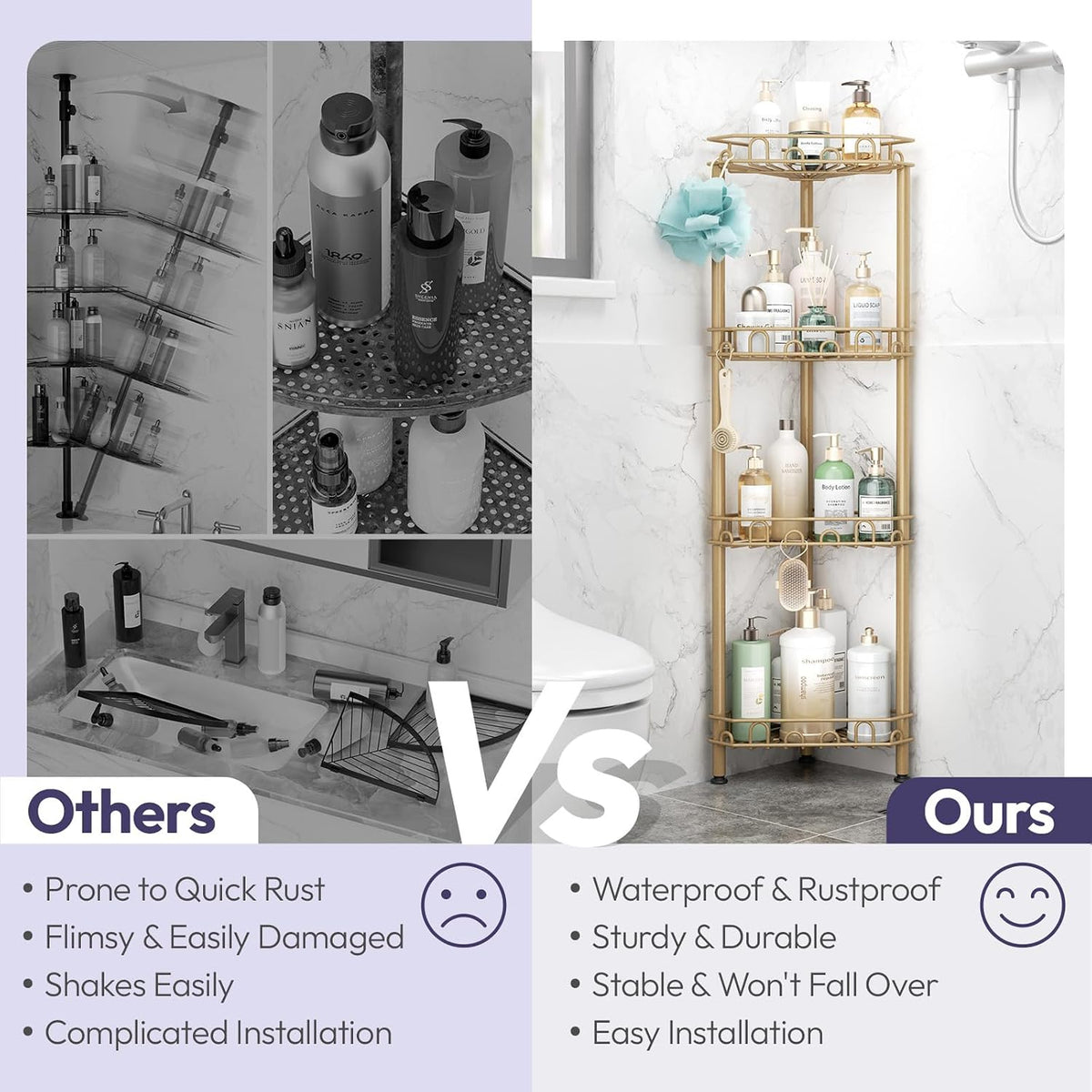 SWTYMIKI Standing Shower Caddy Corner - 4‑Tier Stainless Steel Shower Organizer Shelf with 12 Hooks and Adhesive Pads, Rustproof Corner Shelves Stand Rack for Bathroom Shower Room, Gold
