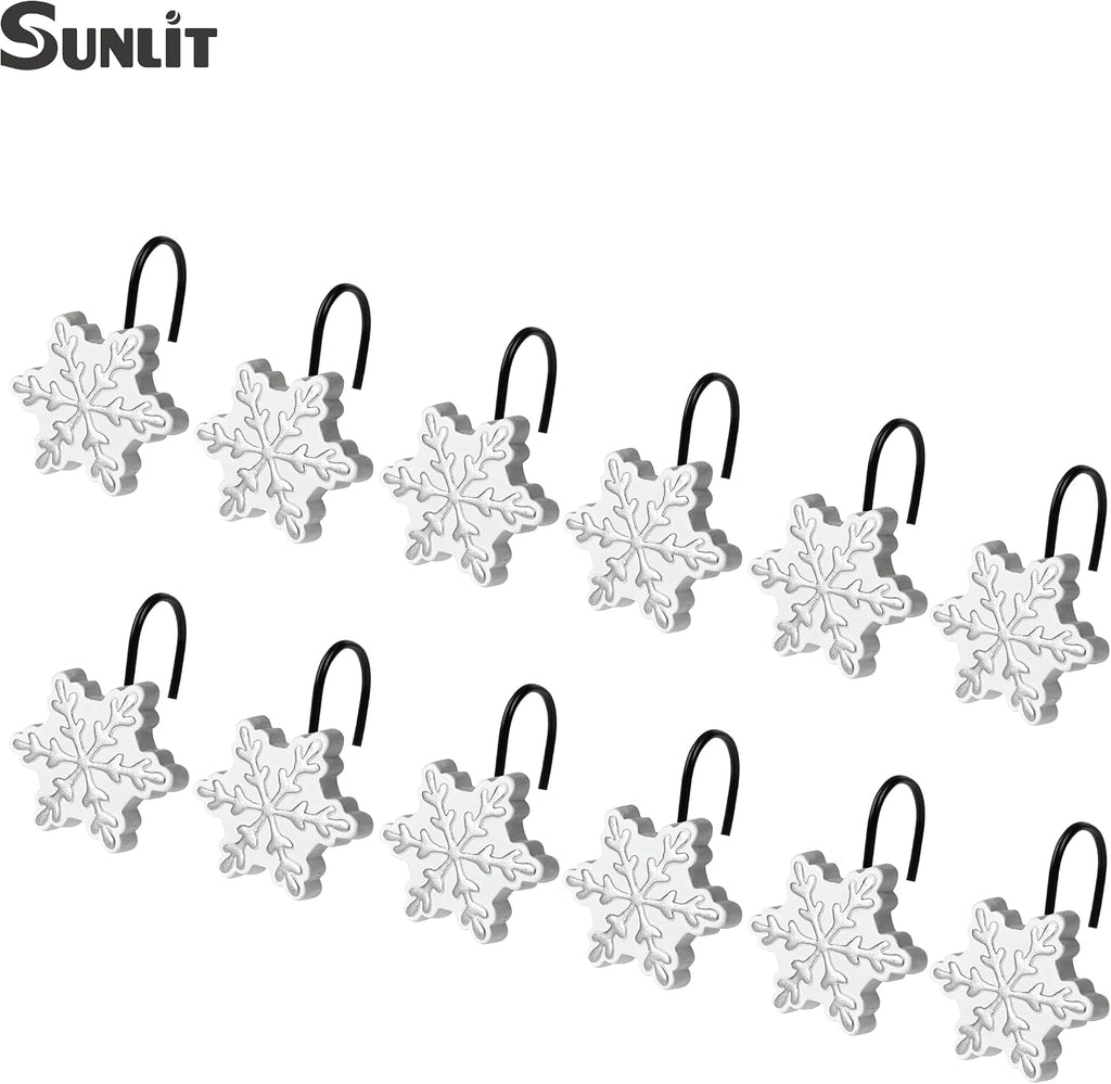 Sunlit Christmas Shower Curtain Hooks, Silver Snowflakes Shower Curtain Rings with Black Hooks, Resin, White Christmas Decor, Winter Bathroom Decoration, Set of 12